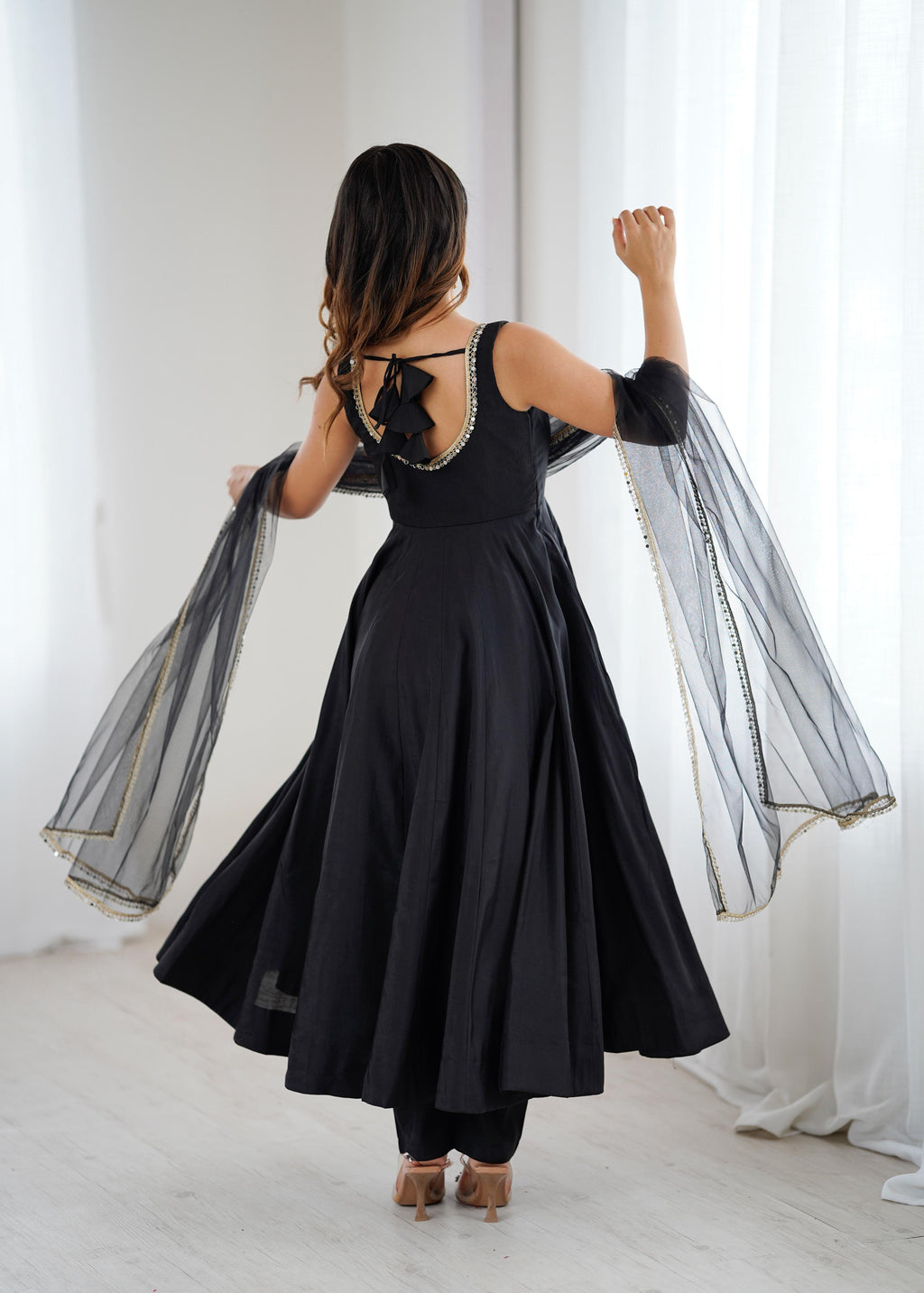 Black Roman Silk Chanderi Anarkali Suit Set with Huge Flair for Festive Occasions