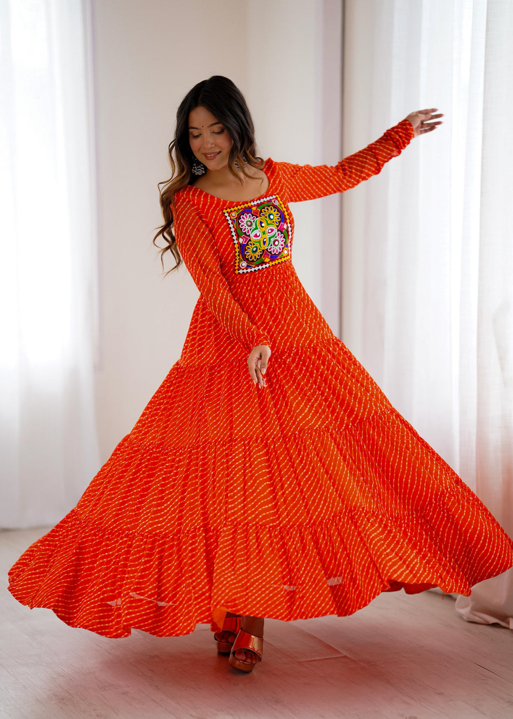 Orange Soft Fox Georgette Anarkali Gown with Huge Flair for Festive Occasions