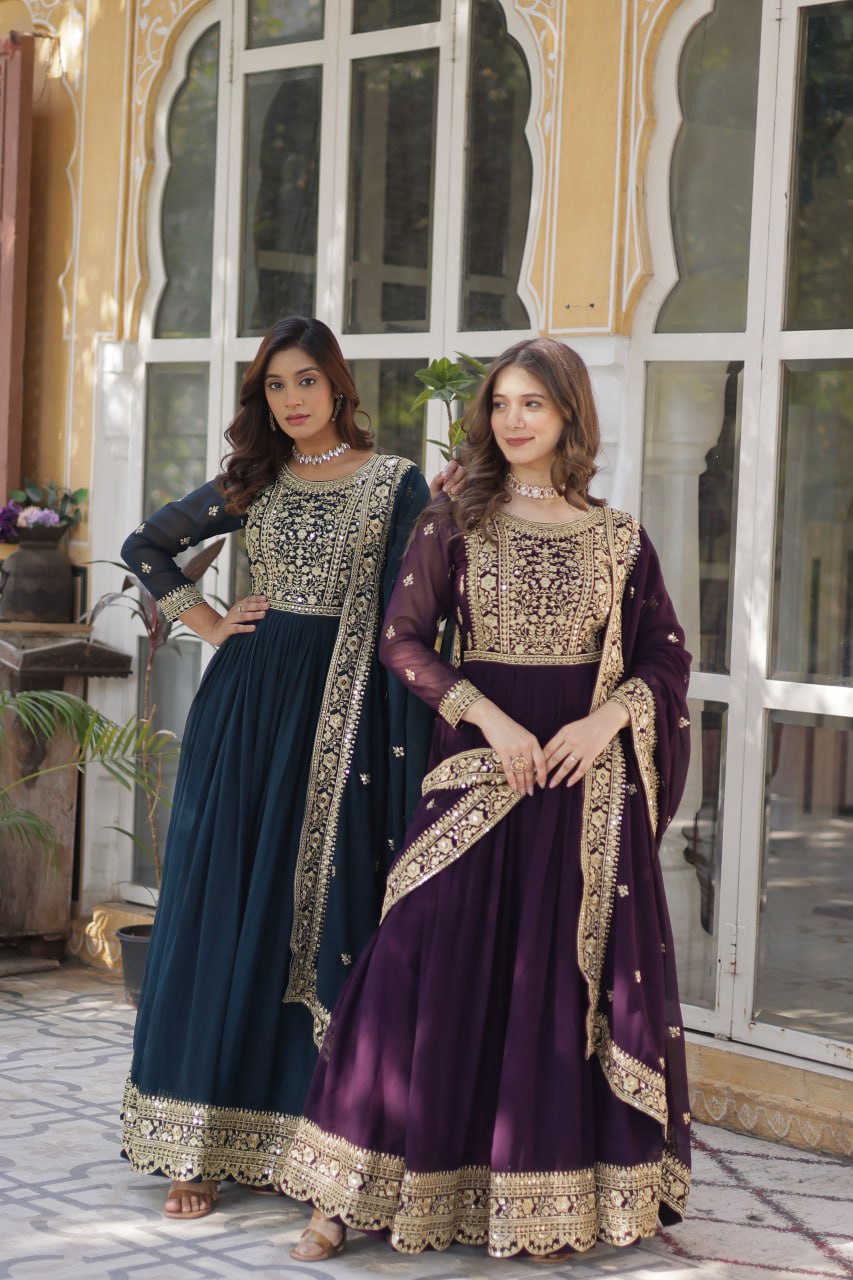 Georgette Gown with Zari Work & Dupatta - Perfect for Festivals