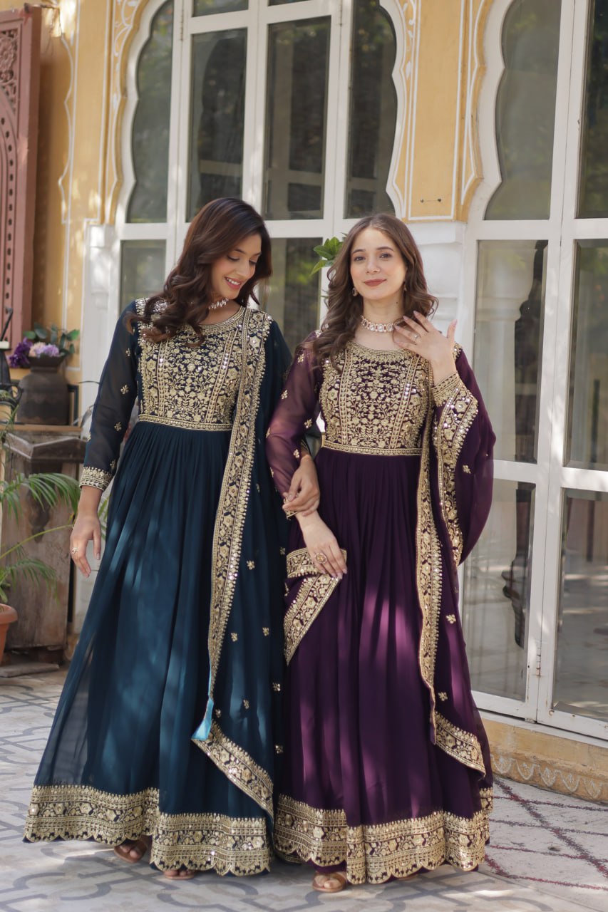 Georgette Gown with Zari Work & Dupatta - Perfect for Festivals