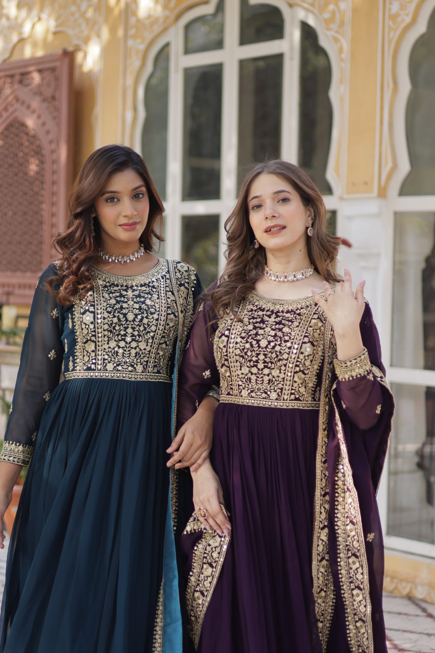 Georgette Gown with Zari Work & Dupatta - Perfect for Festivals