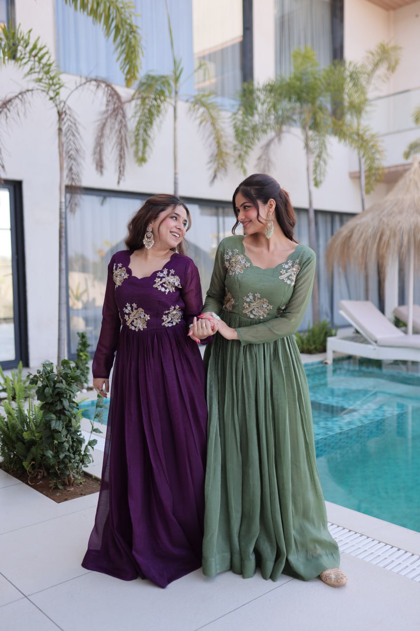 Georgette Gown with Bead Work for Mehendi Celebration