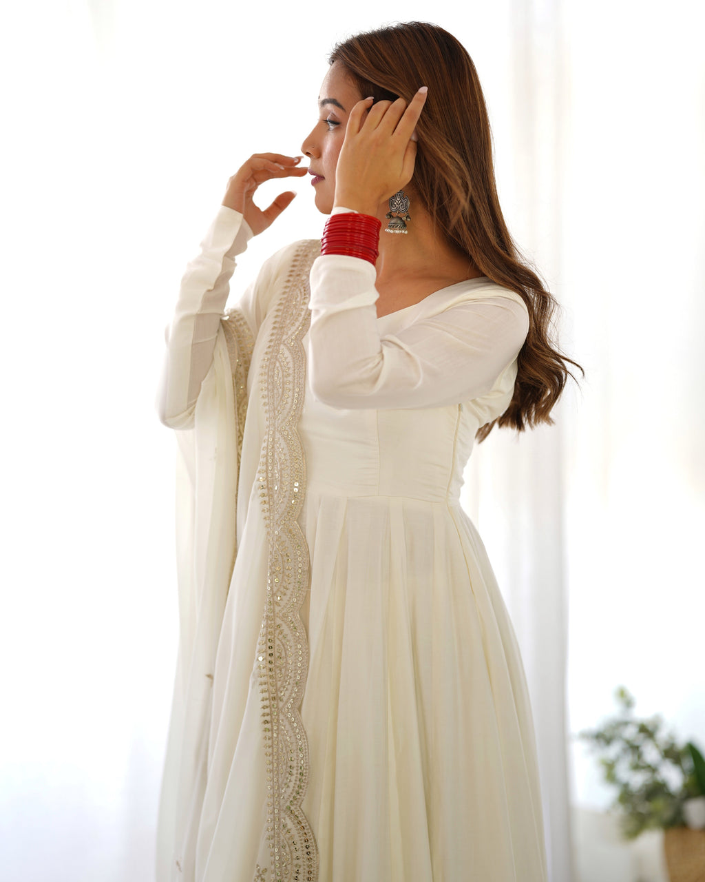 Off White Chanderi Silk Anarkali Suit Set with Huge Flair for Festive Occasions