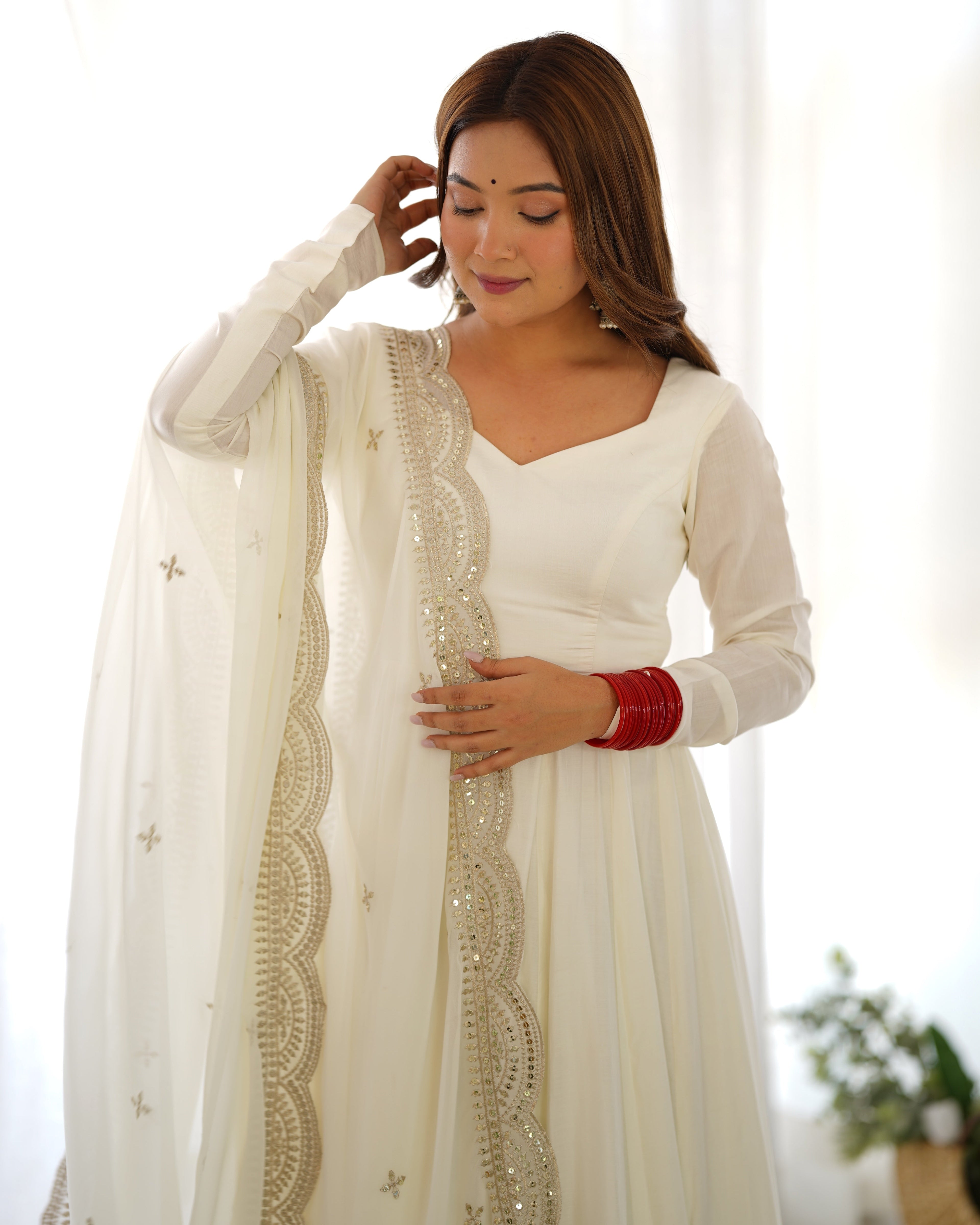 Off White Chanderi Silk Anarkali Suit Set with Huge Flair for Festive Occasions