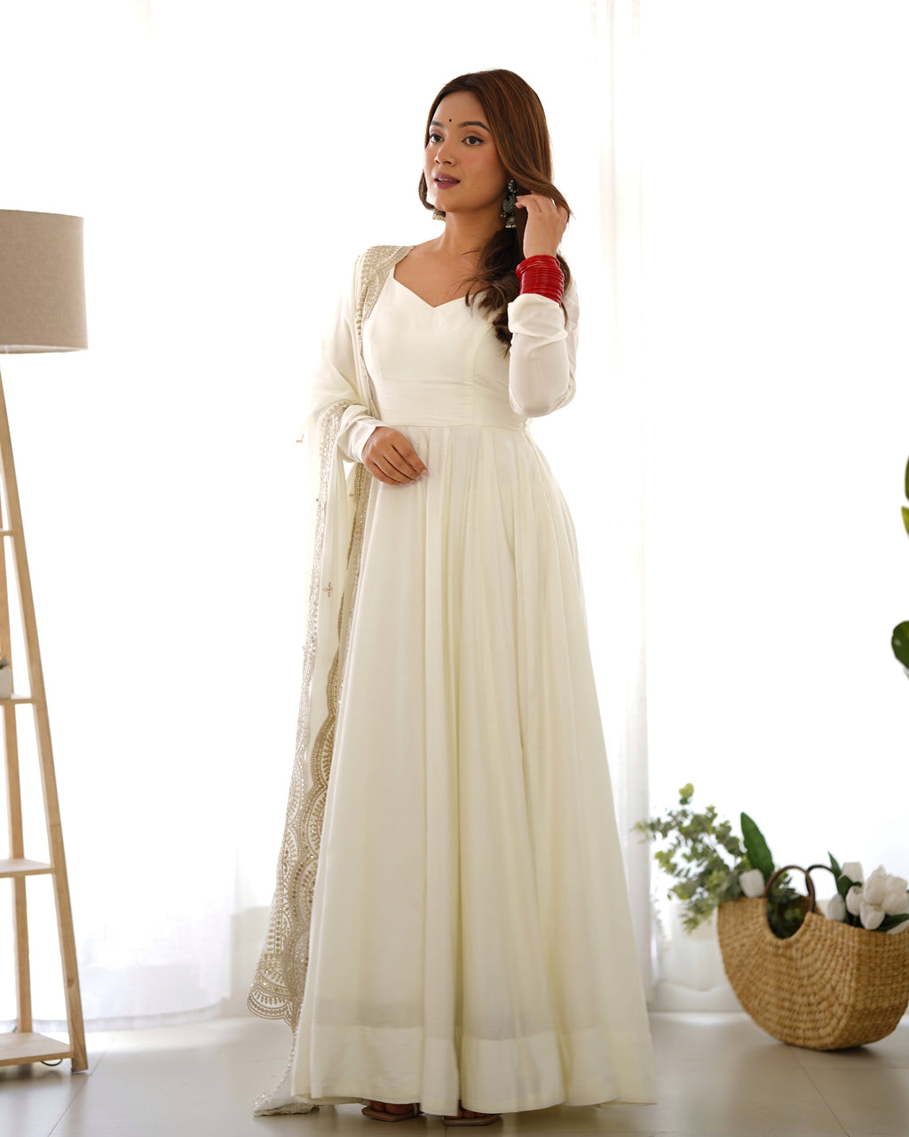 Off White Chanderi Silk Anarkali Suit Set with Huge Flair for Festive Occasions