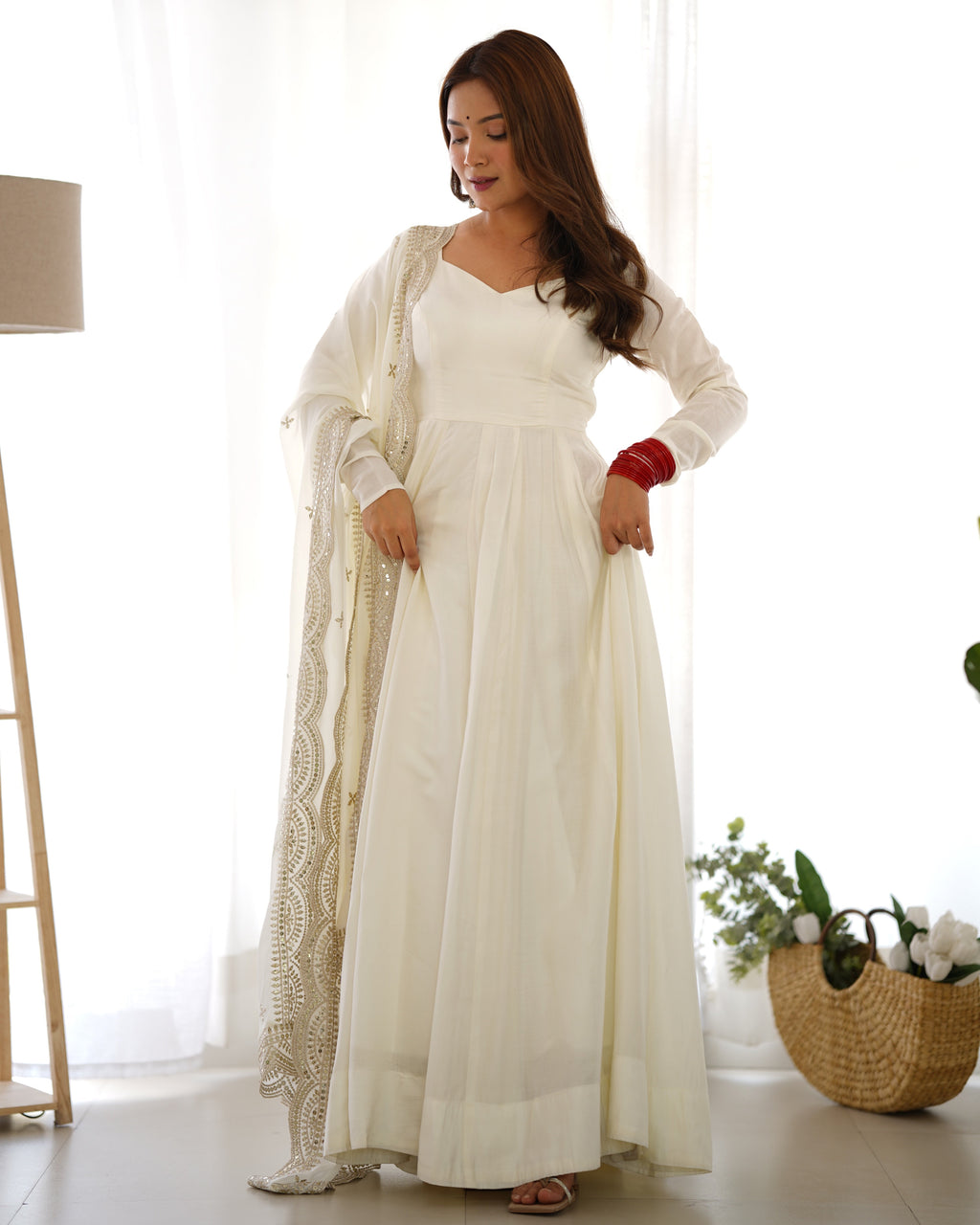 Off White Chanderi Silk Anarkali Suit Set with Huge Flair for Festive Occasions
