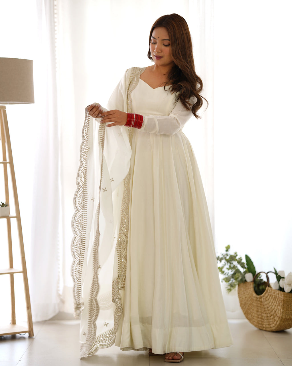 Off White Chanderi Silk Anarkali Suit Set with Huge Flair for Festive Occasions