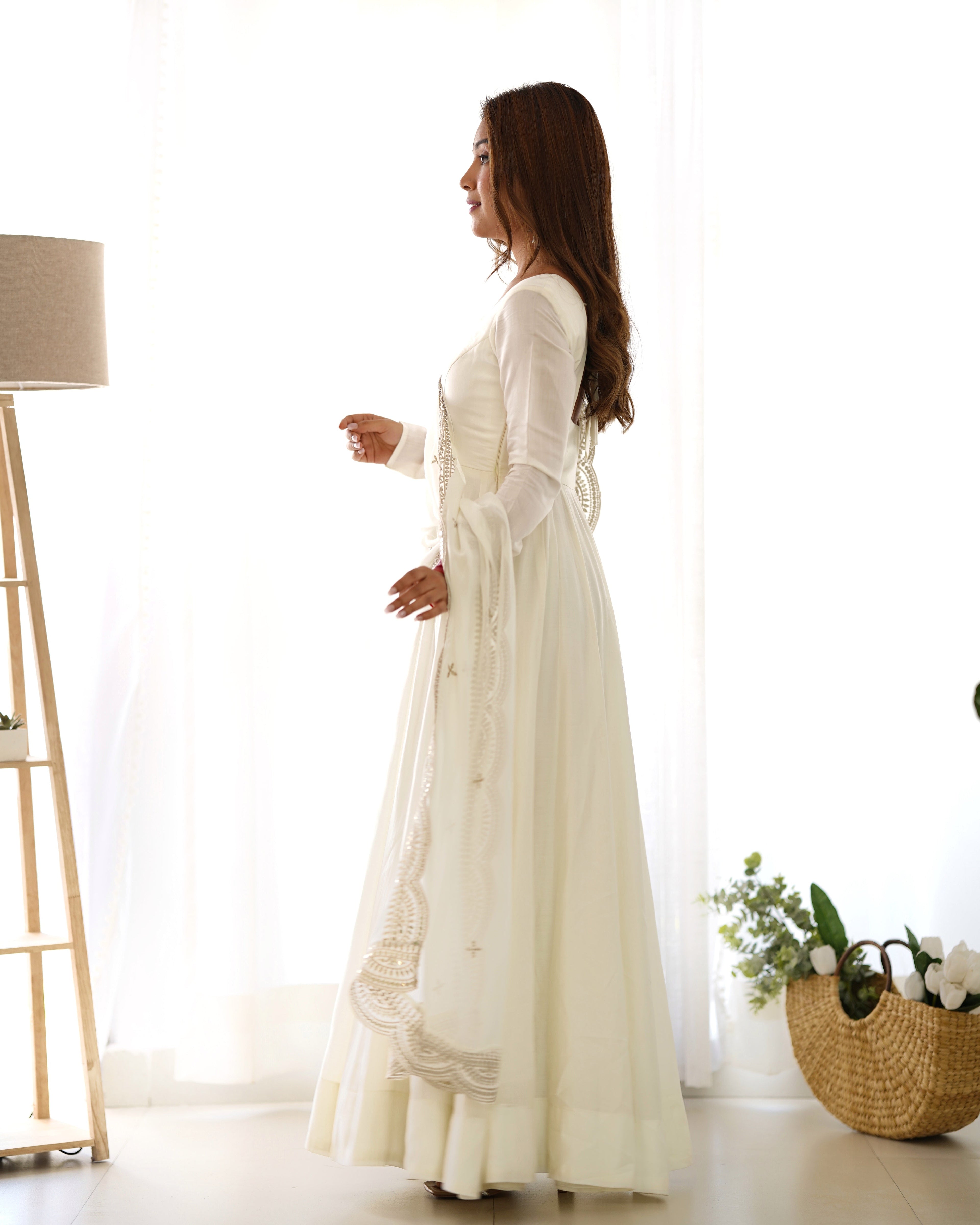 Off White Chanderi Silk Anarkali Suit Set with Huge Flair for Festive Occasions