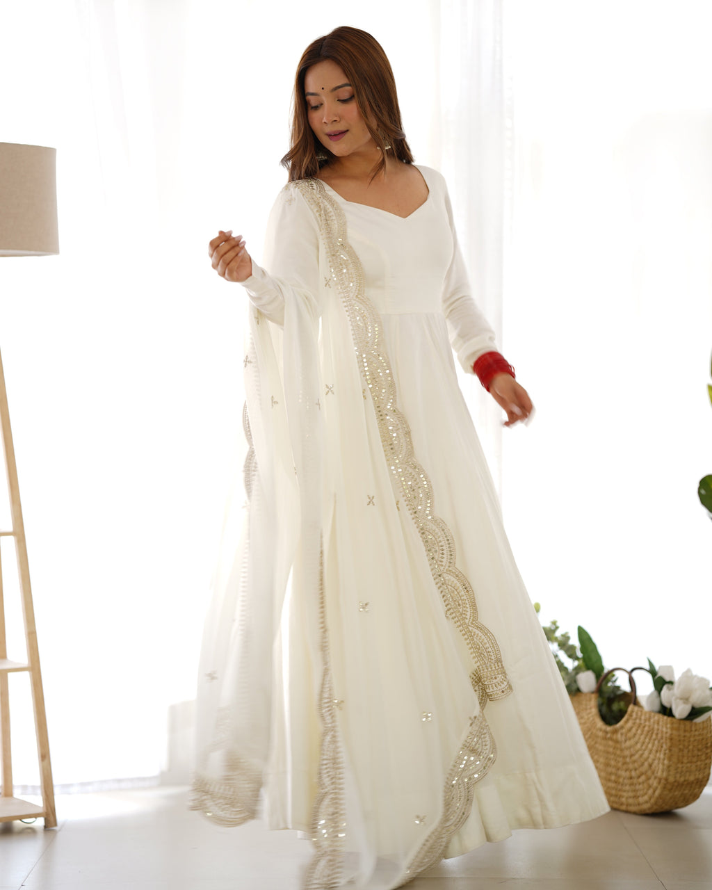 Off White Chanderi Silk Anarkali Suit Set with Huge Flair for Festive Occasions
