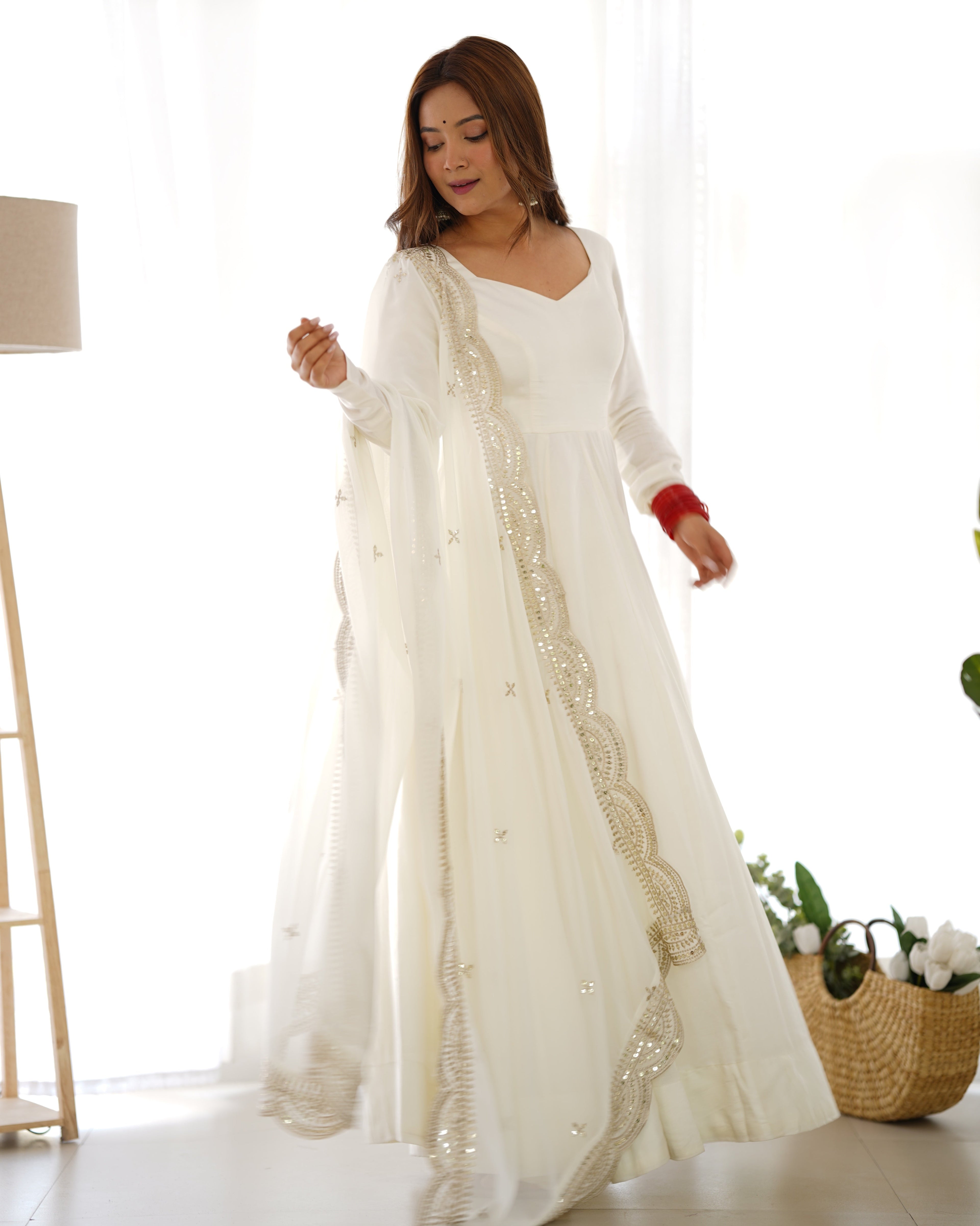 Off White Chanderi Silk Anarkali Suit Set with Huge Flair for Festive Occasions
