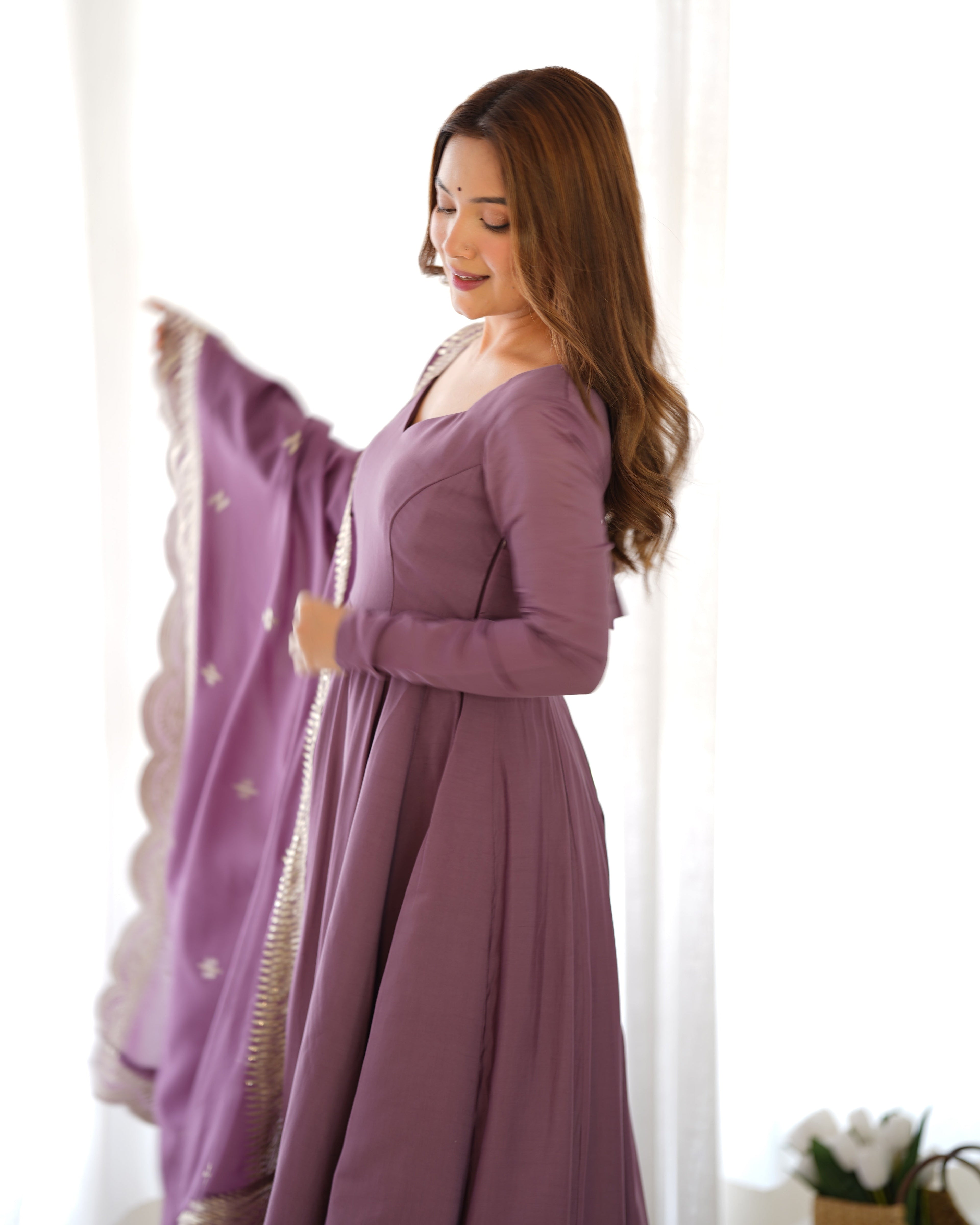 Mauve Chanderi Silk Anarkali Suit Set with Huge Flair for Festive Occasions