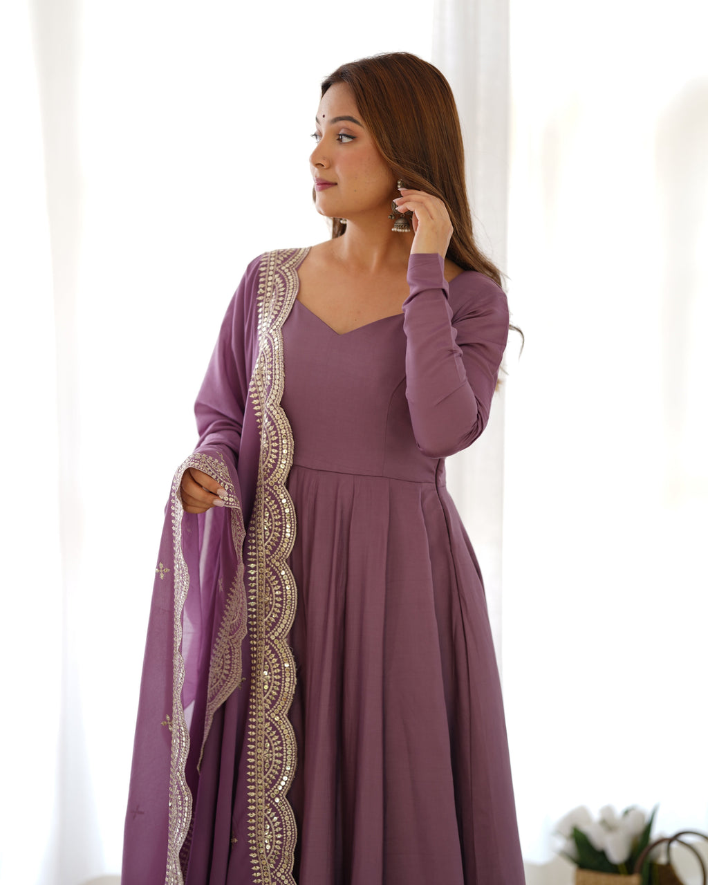 Mauve Chanderi Silk Anarkali Suit Set with Huge Flair for Festive Occasions