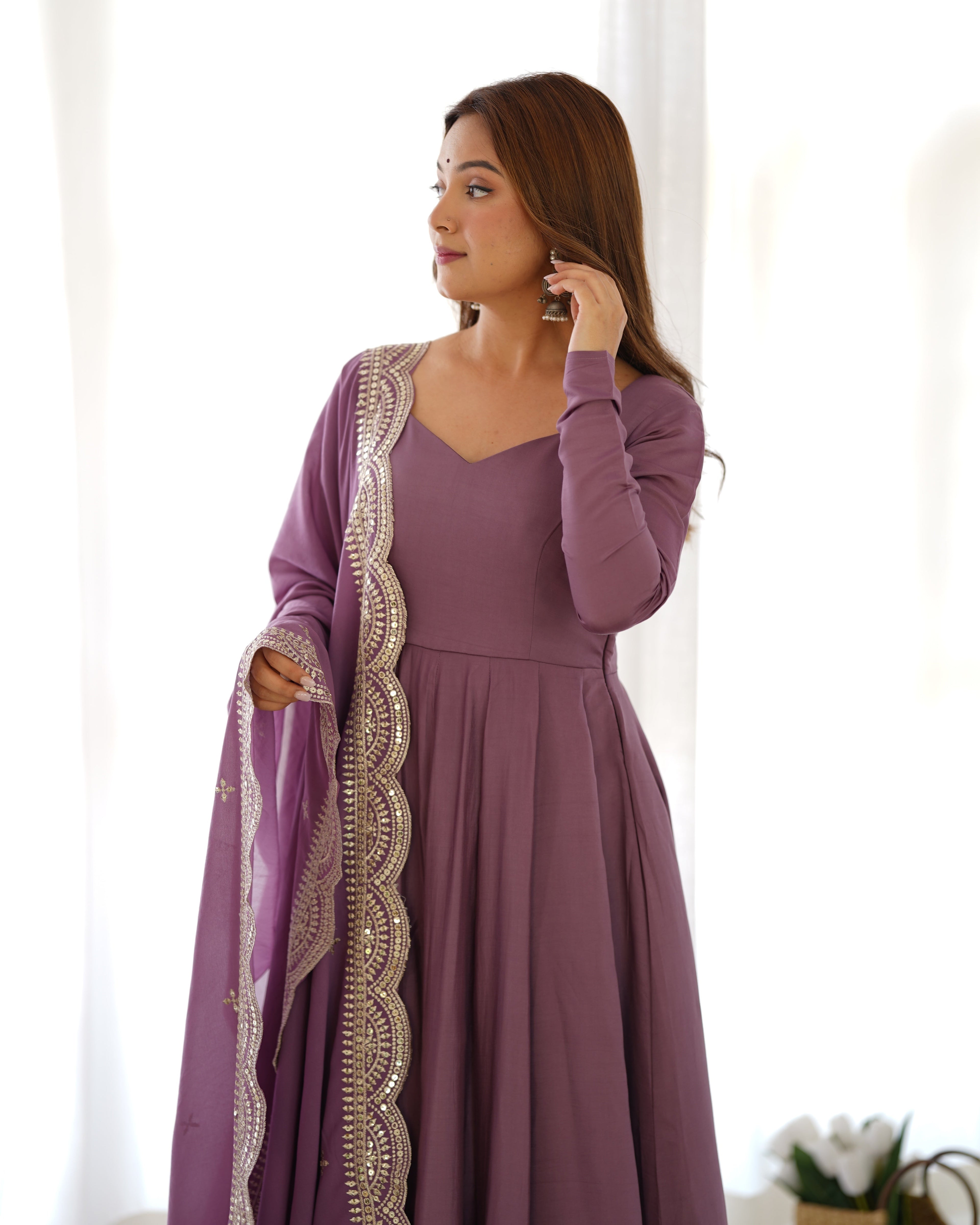 Mauve Chanderi Silk Anarkali Suit Set with Huge Flair for Festive Occasions
