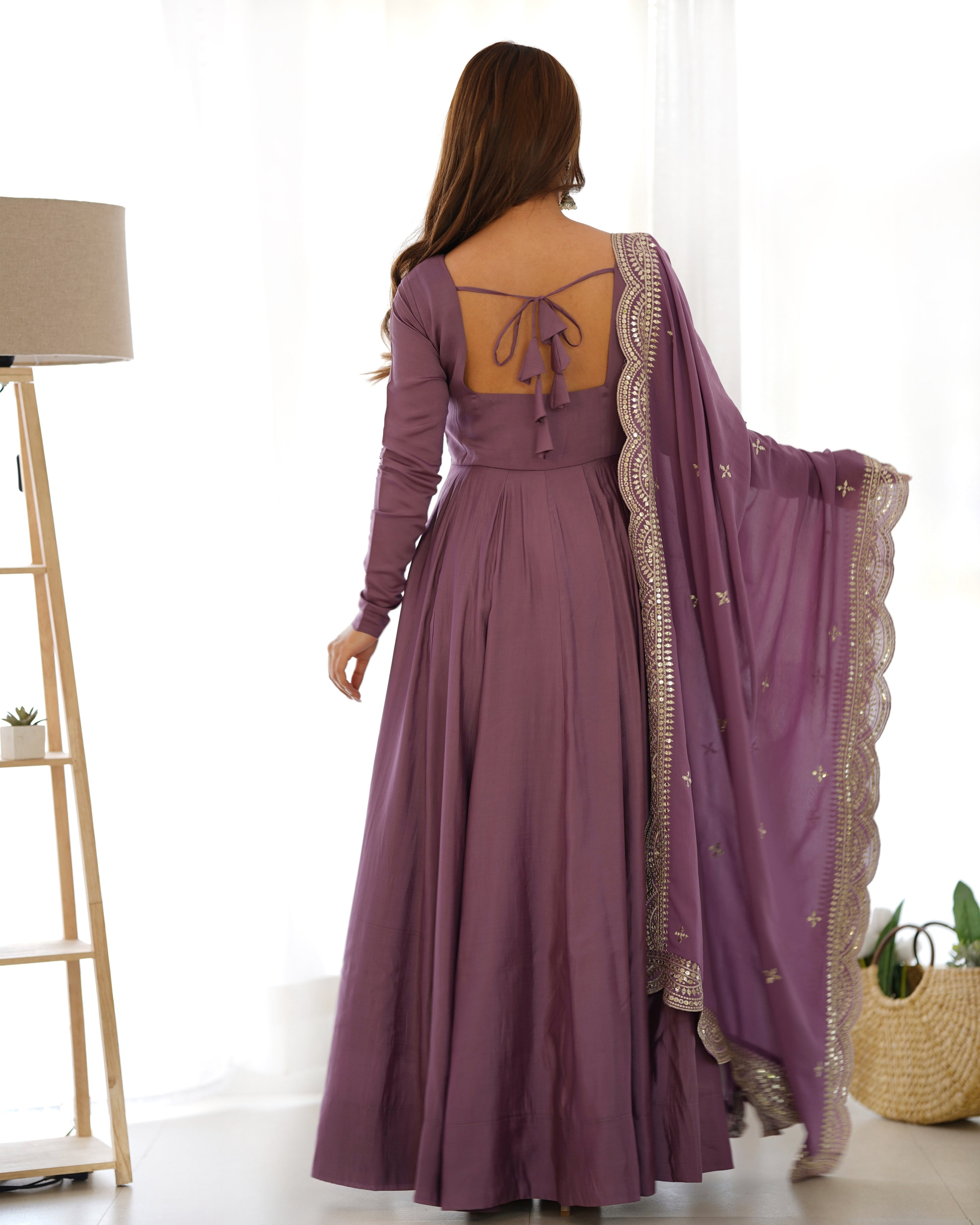 Mauve Chanderi Silk Anarkali Suit Set with Huge Flair for Festive Occasions