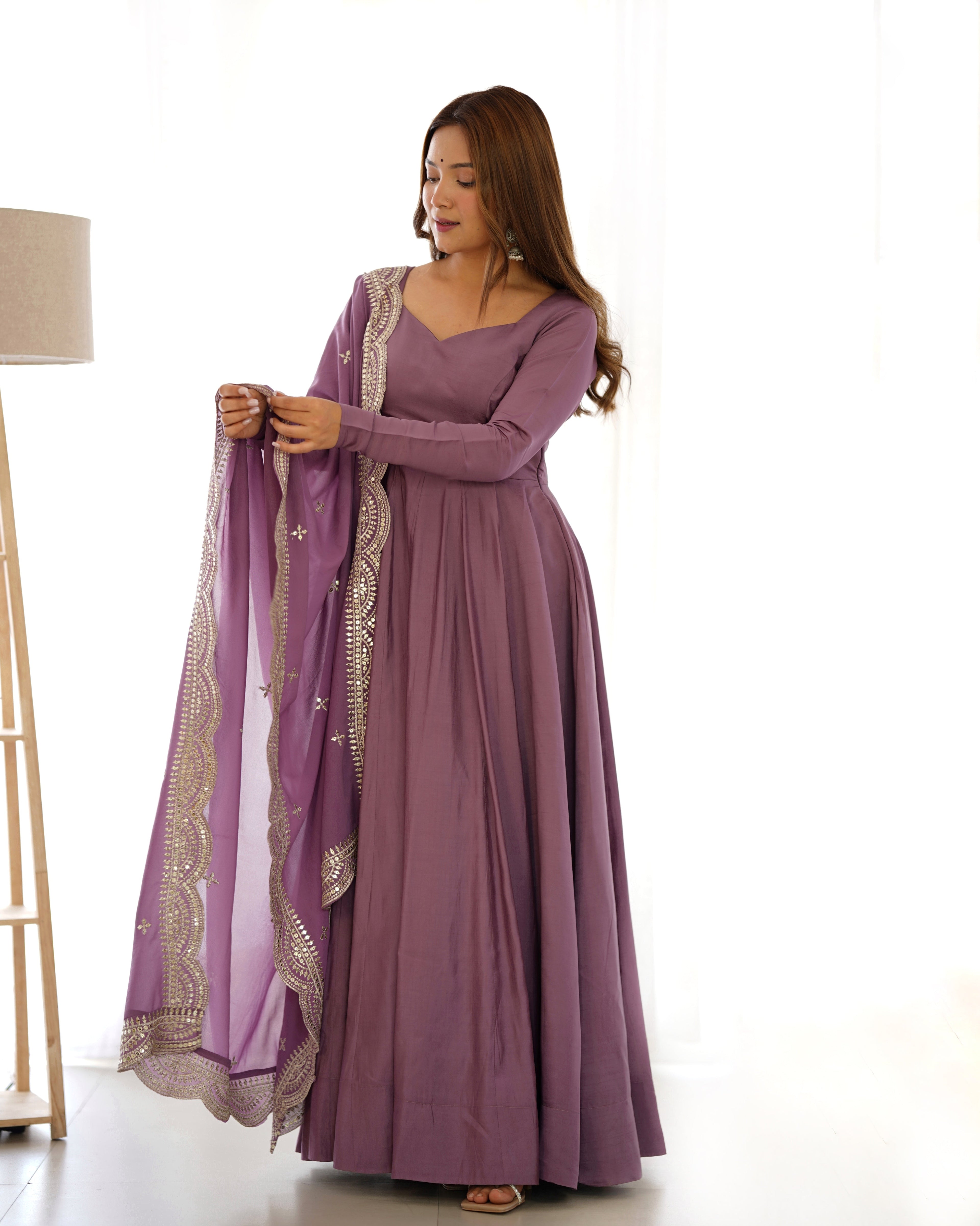Mauve Chanderi Silk Anarkali Suit Set with Huge Flair for Festive Occasions