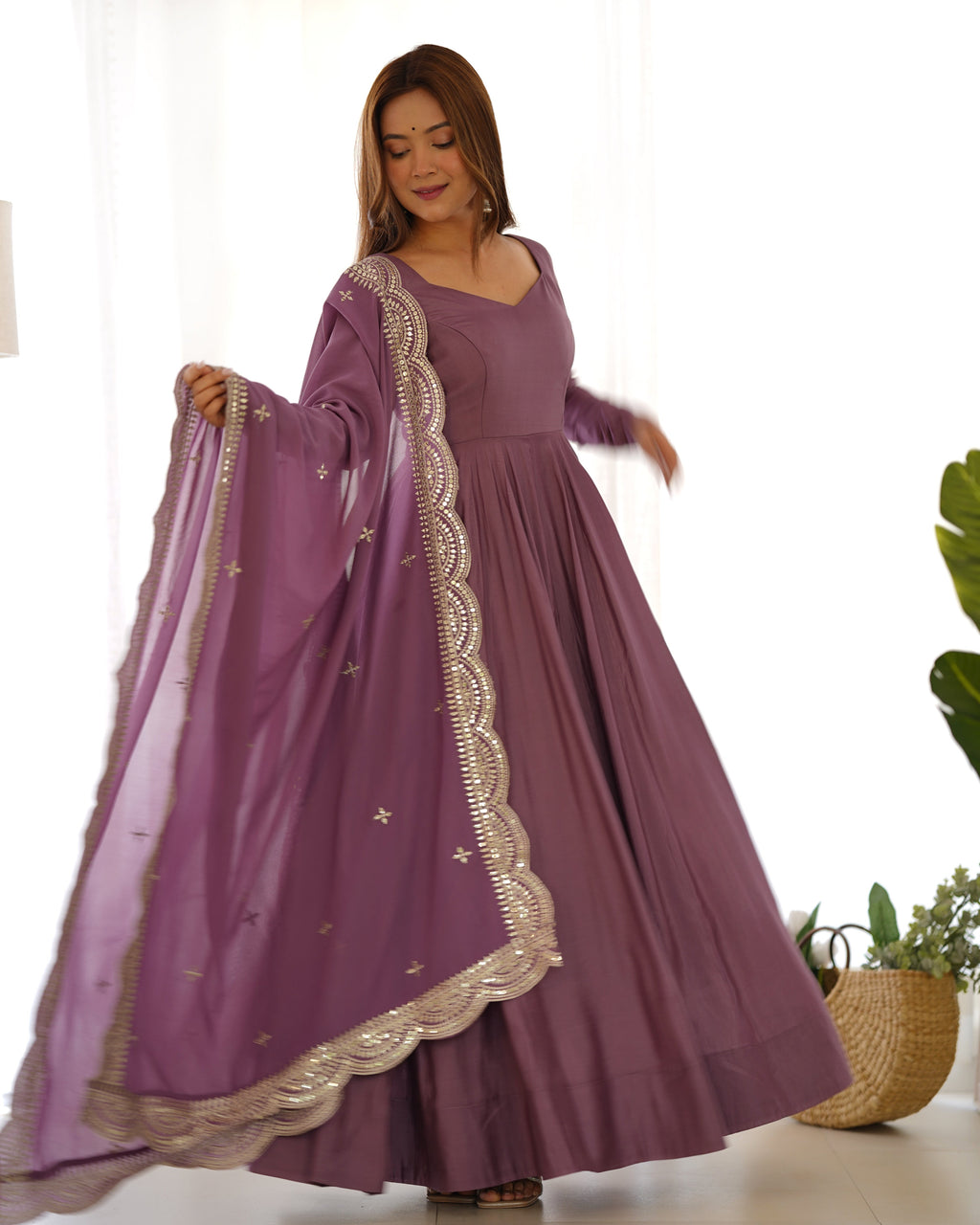 Mauve Chanderi Silk Anarkali Suit Set with Huge Flair for Festive Occasions