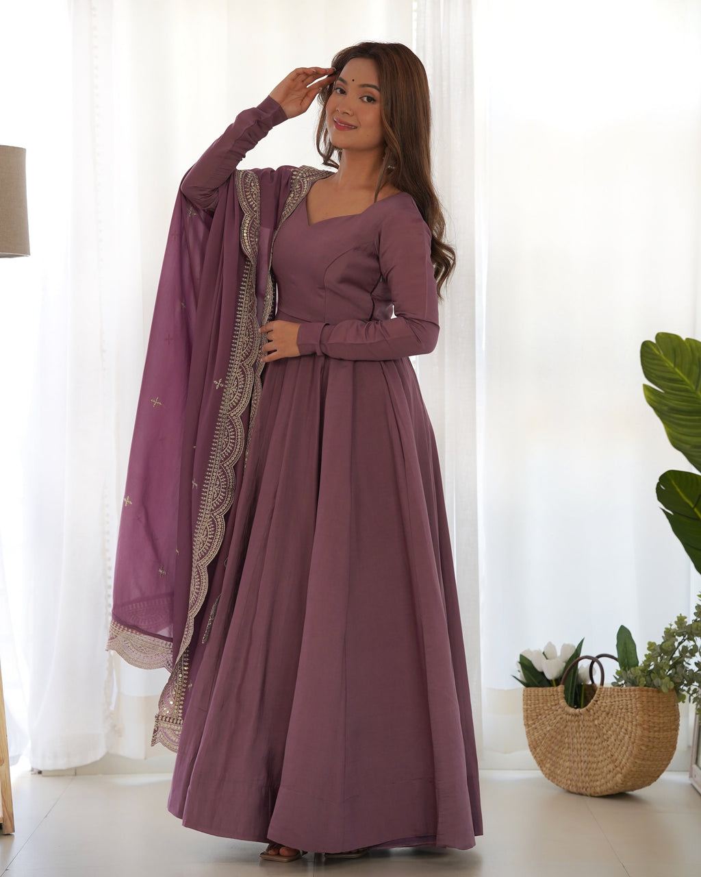 Mauve Chanderi Silk Anarkali Suit Set with Huge Flair for Festive Occasions