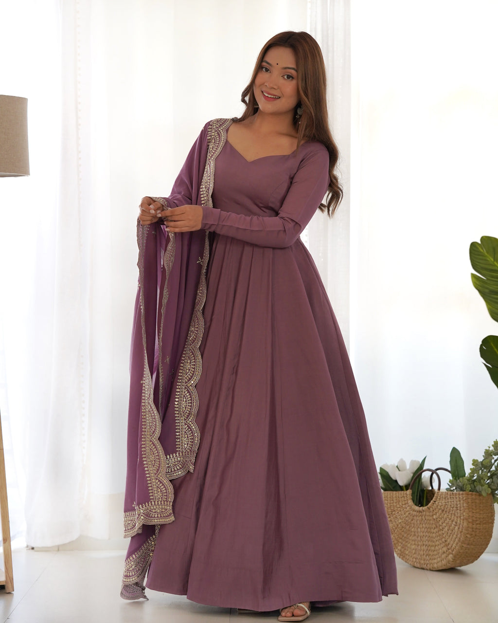 Mauve Chanderi Silk Anarkali Suit Set with Huge Flair for Festive Occasions