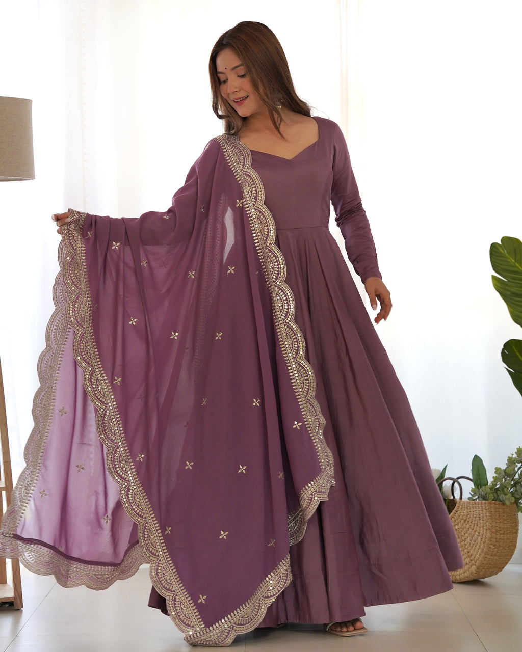 Mauve Chanderi Silk Anarkali Suit Set with Huge Flair for Festive Occasions