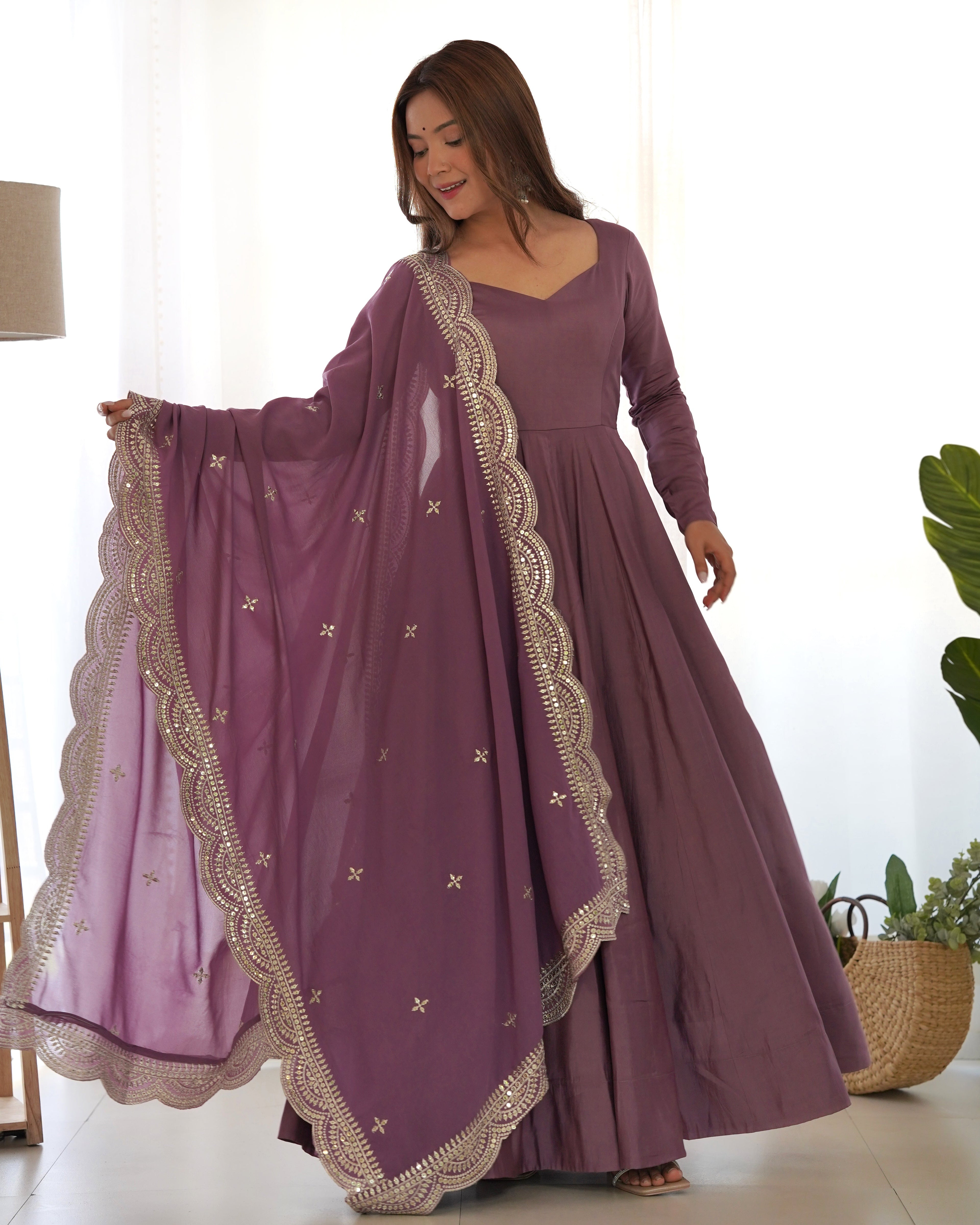Mauve Chanderi Silk Anarkali Suit Set with Huge Flair for Festive Occasions
