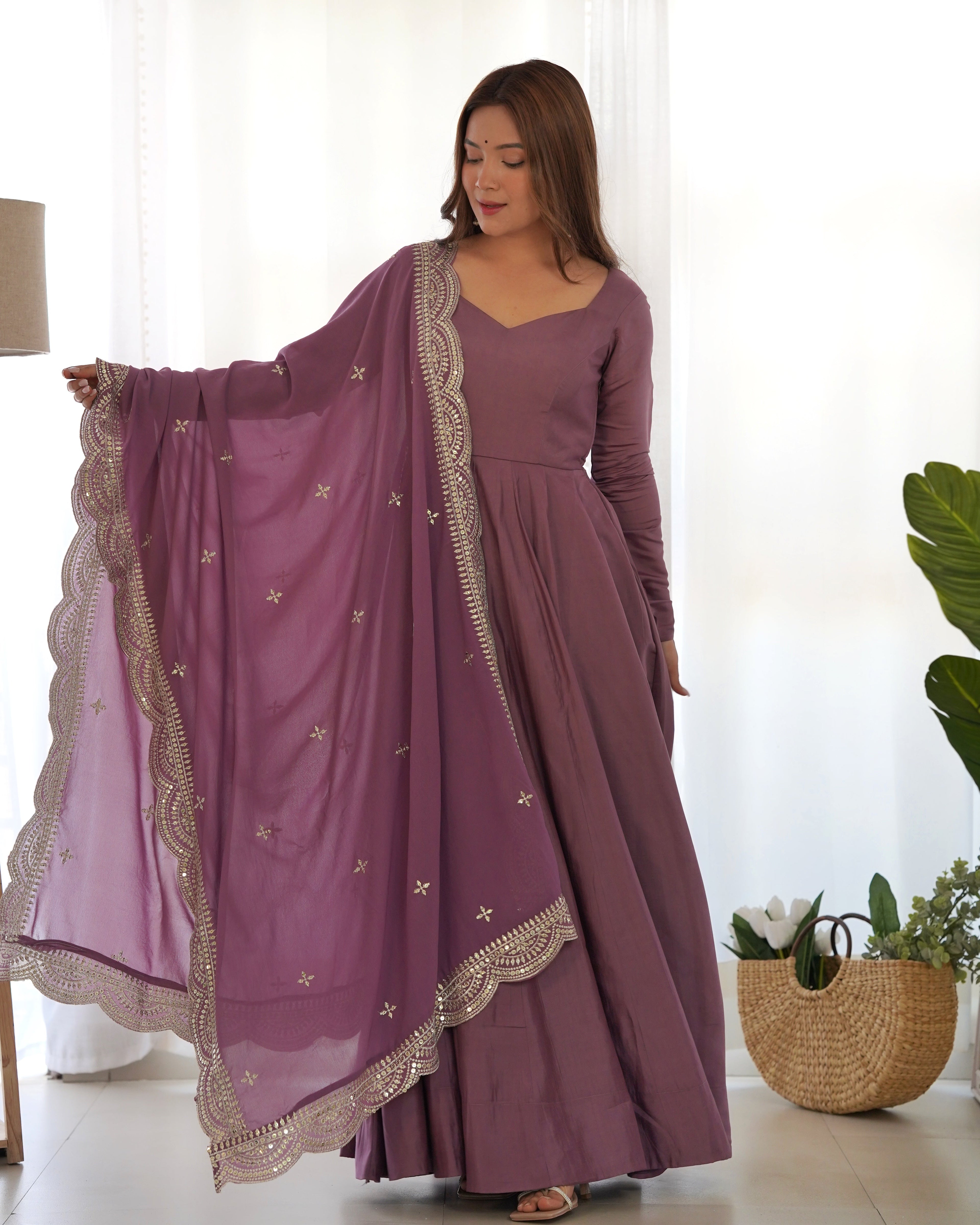 Mauve Chanderi Silk Anarkali Suit Set with Huge Flair for Festive Occasions