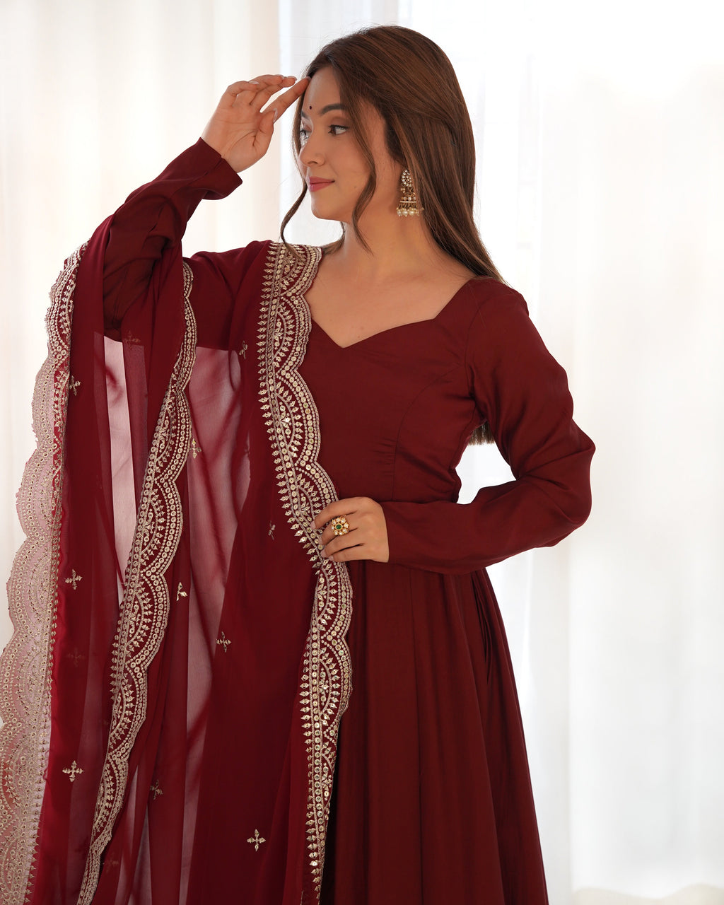 Maroon Chanderi Silk Anarkali Suit Set with Huge Flair for Festive Occasions