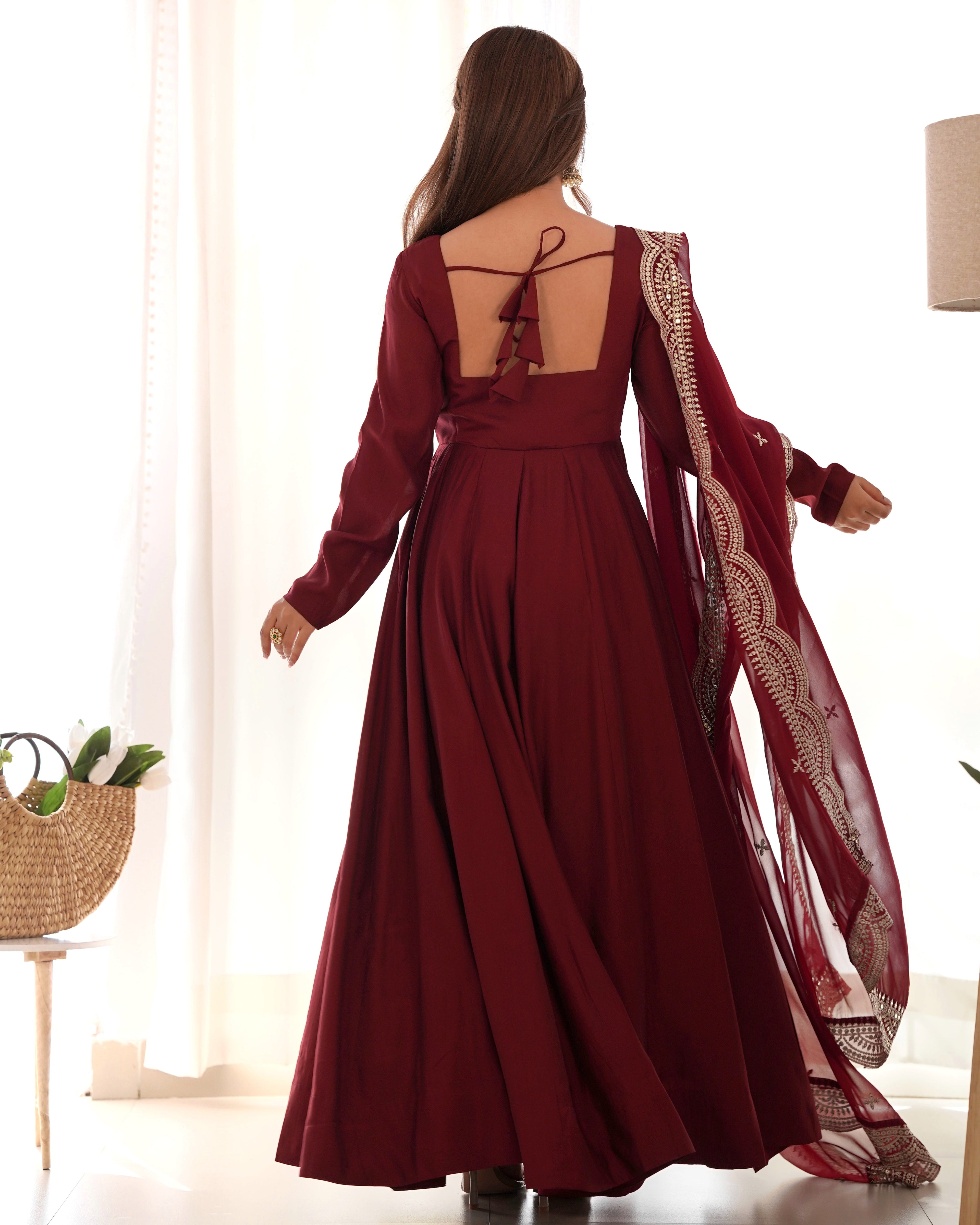 Maroon Chanderi Silk Anarkali Suit Set with Huge Flair for Festive Occasions