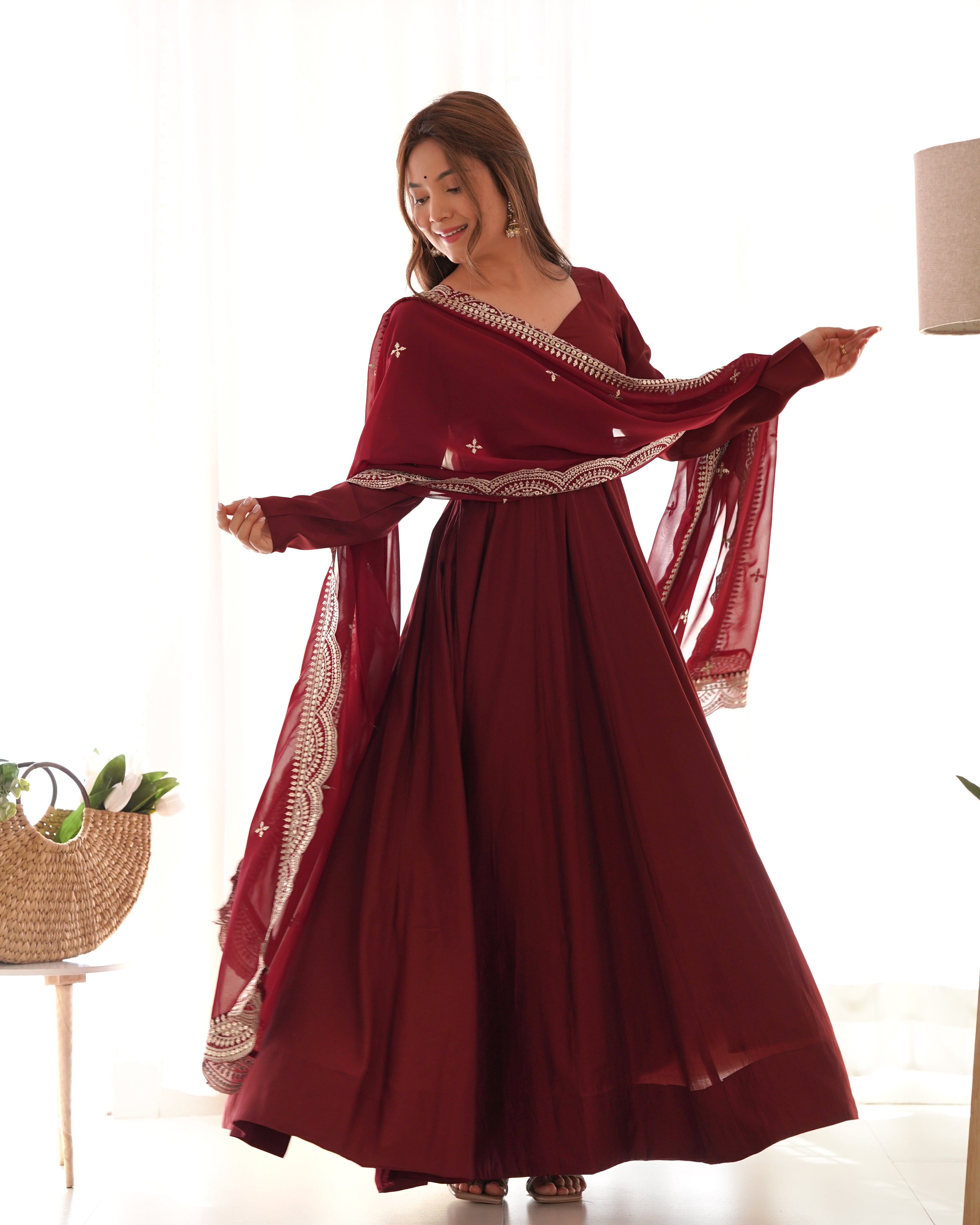 Maroon Chanderi Silk Anarkali Suit Set with Huge Flair for Festive Occasions
