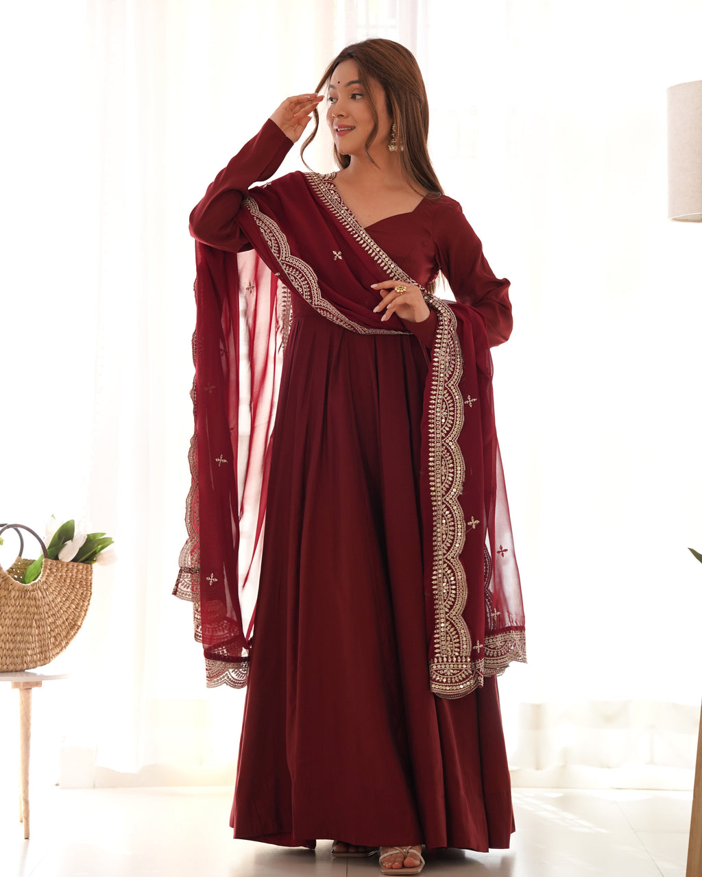 Maroon Chanderi Silk Anarkali Suit Set with Huge Flair for Festive Occasions