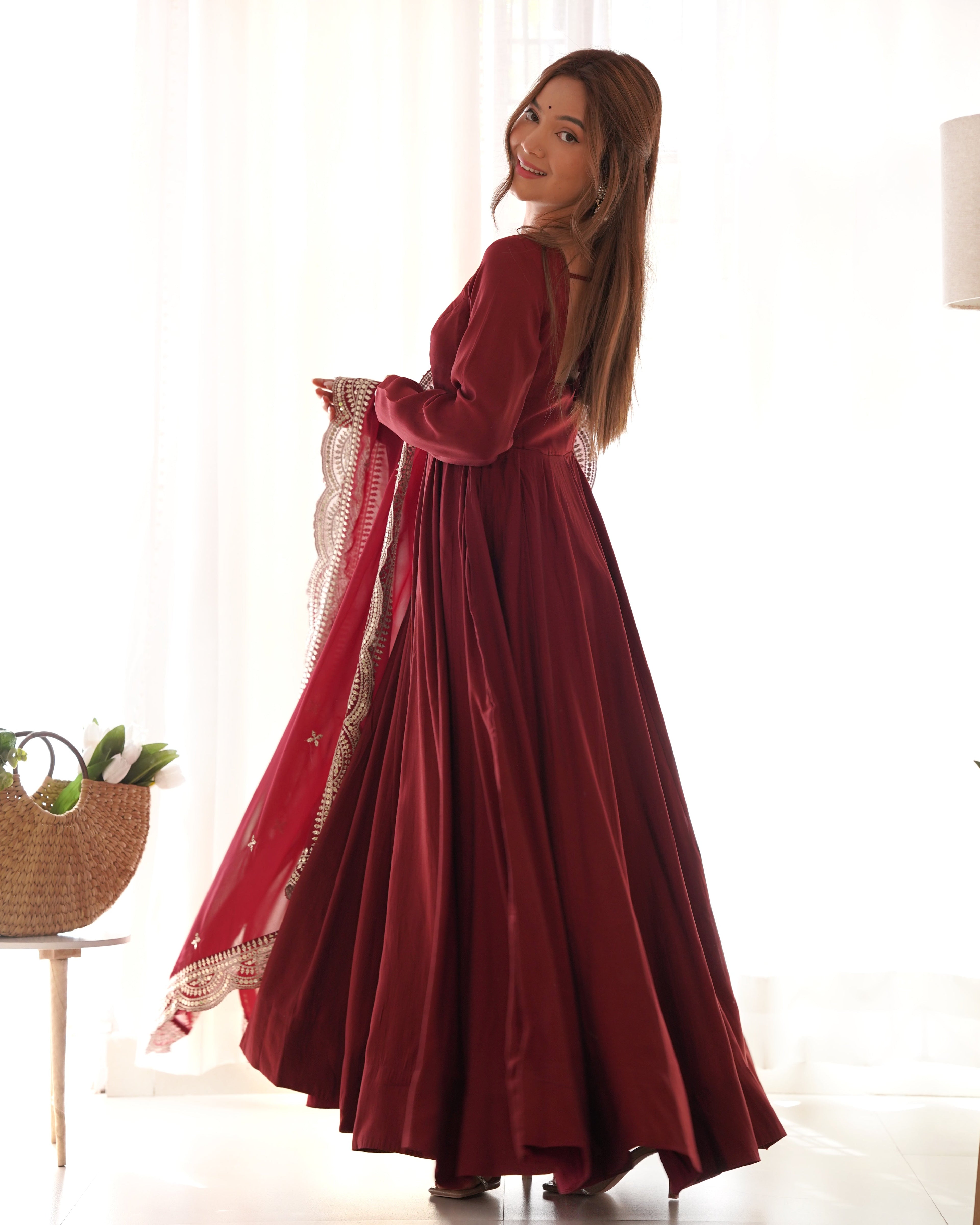 Maroon Chanderi Silk Anarkali Suit Set with Huge Flair for Festive Occasions