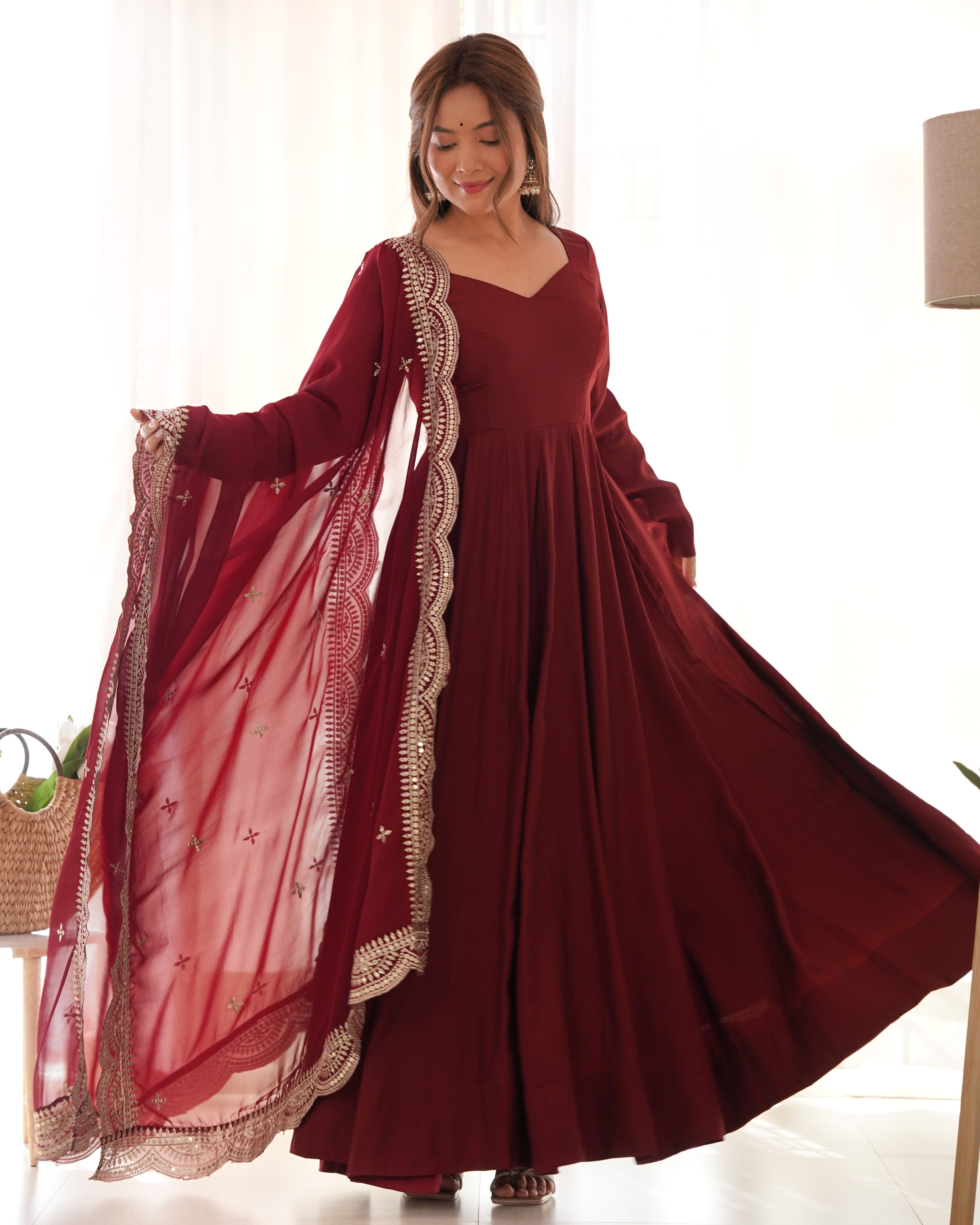 Maroon Chanderi Silk Anarkali Suit Set with Huge Flair for Festive Occasions