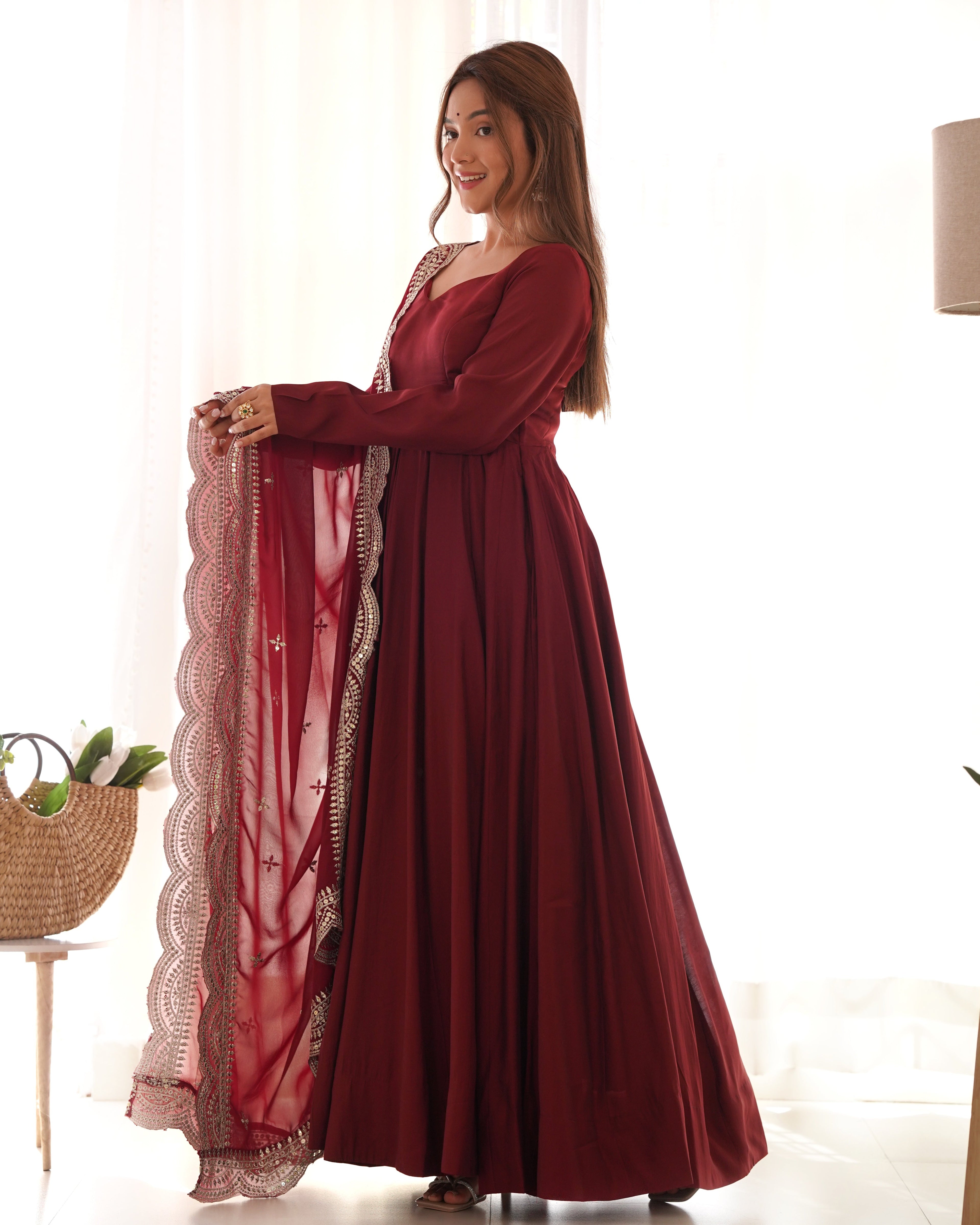 Maroon Chanderi Silk Anarkali Suit Set with Huge Flair for Festive Occasions