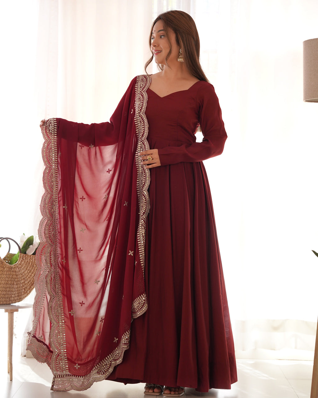 Maroon Chanderi Silk Anarkali Suit Set with Huge Flair for Festive Occasions