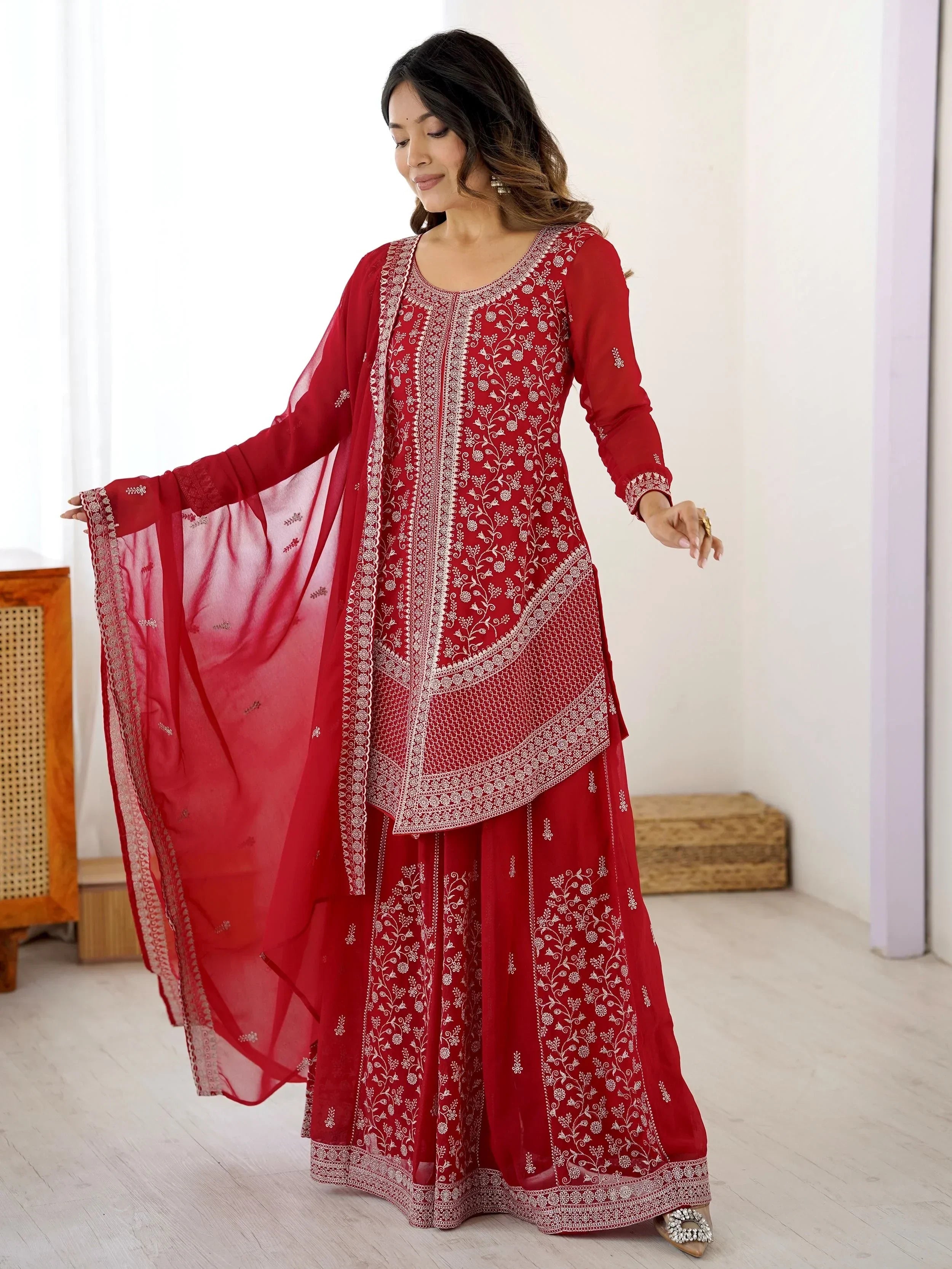 Red Glamorous Embroidered Georgette Festive Wear Palazzo Suit