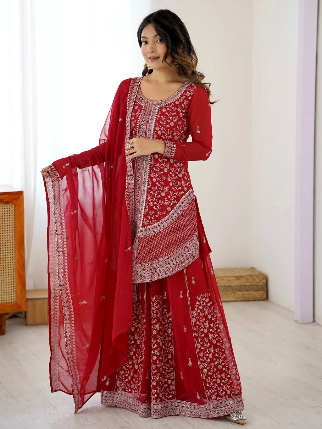 Red Glamorous Embroidered Georgette Festive Wear Palazzo Suit