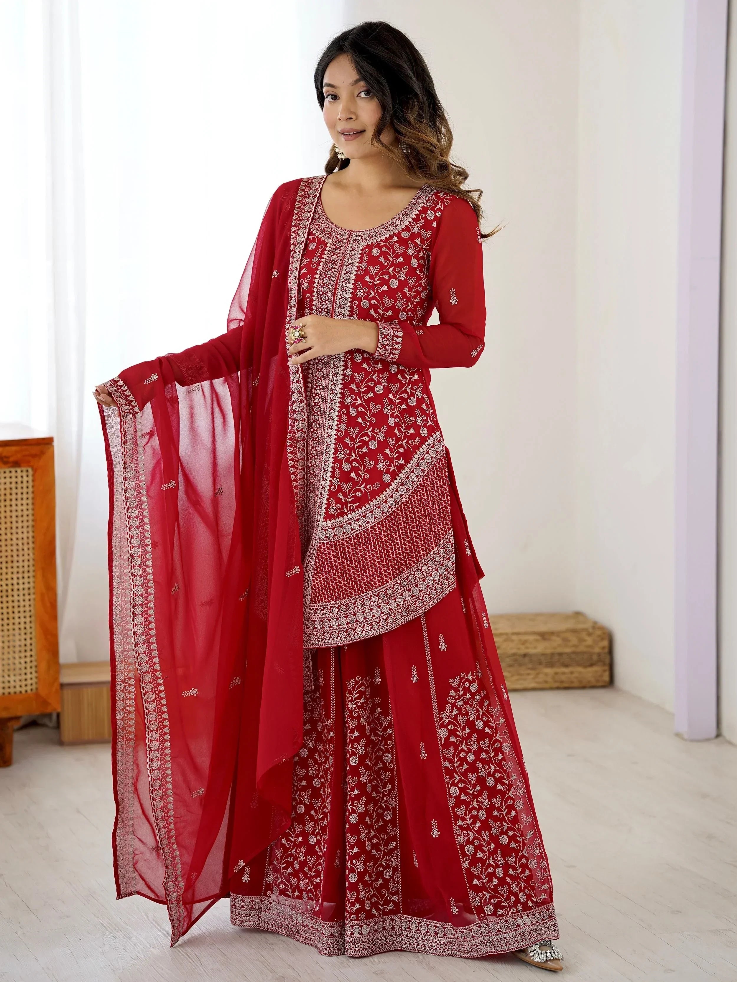 Red Glamorous Embroidered Georgette Festive Wear Palazzo Suit