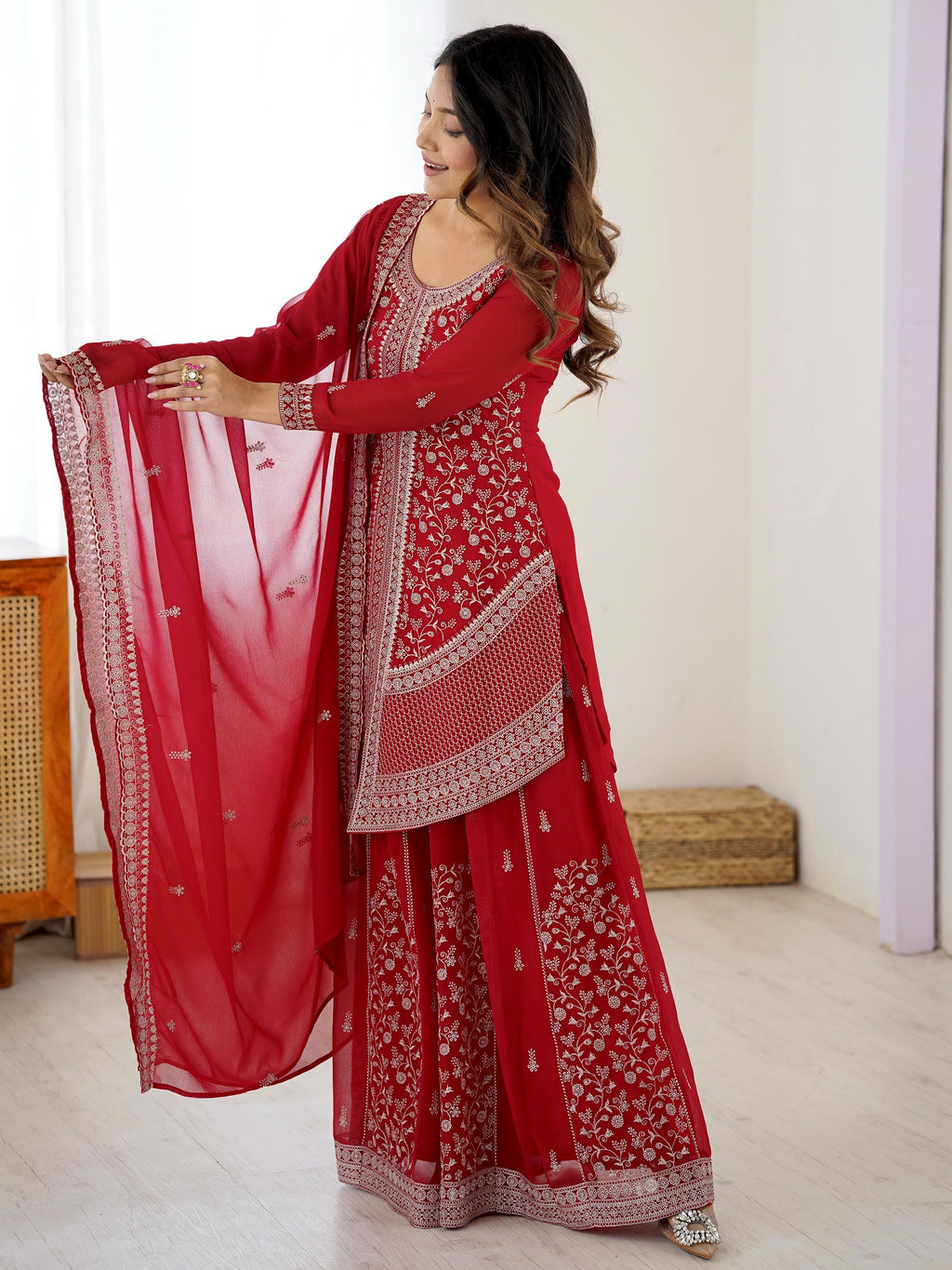 Red Glamorous Embroidered Georgette Festive Wear Palazzo Suit