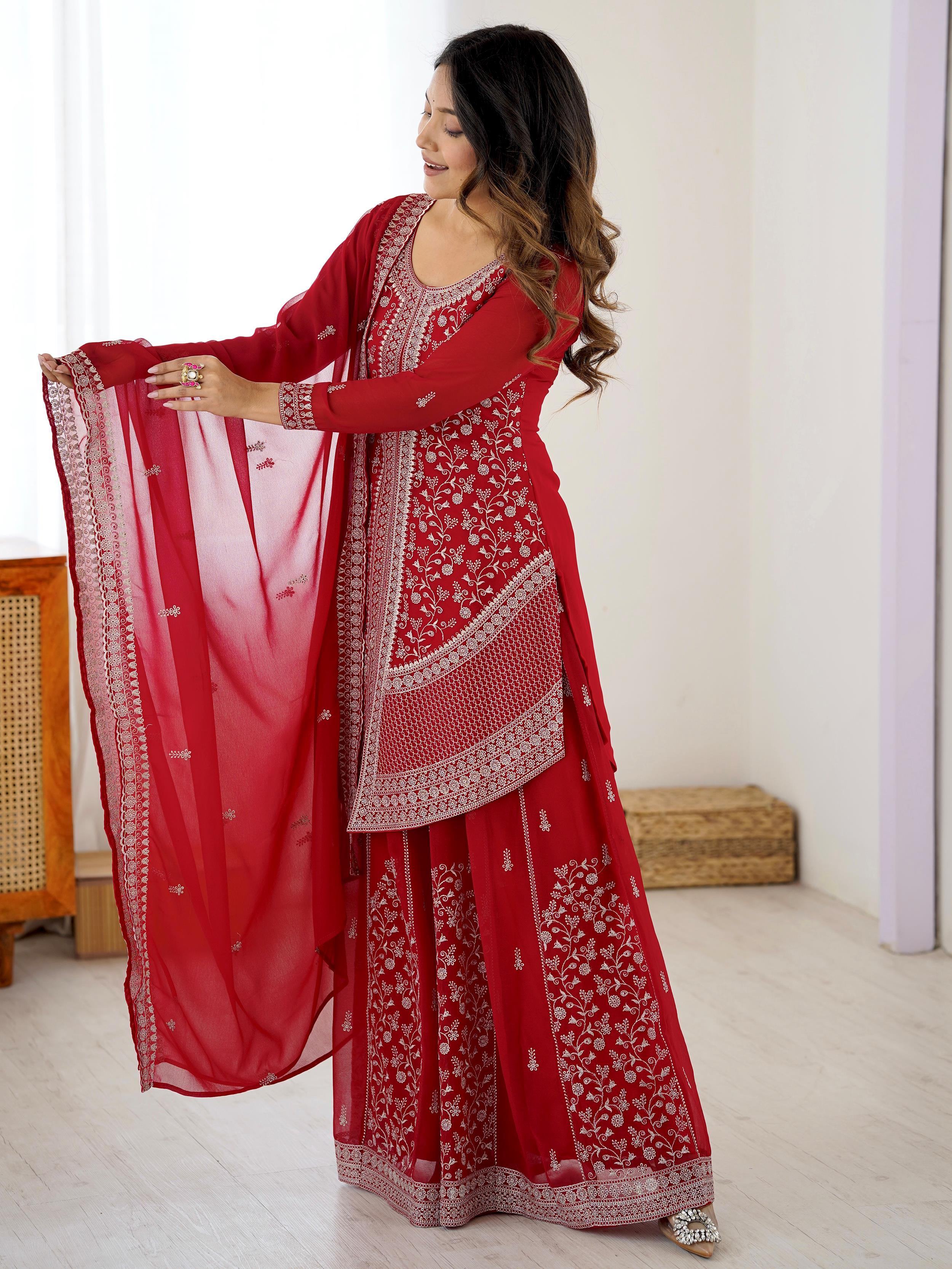 Red Glamorous Embroidered Georgette Festive Wear Palazzo Suit