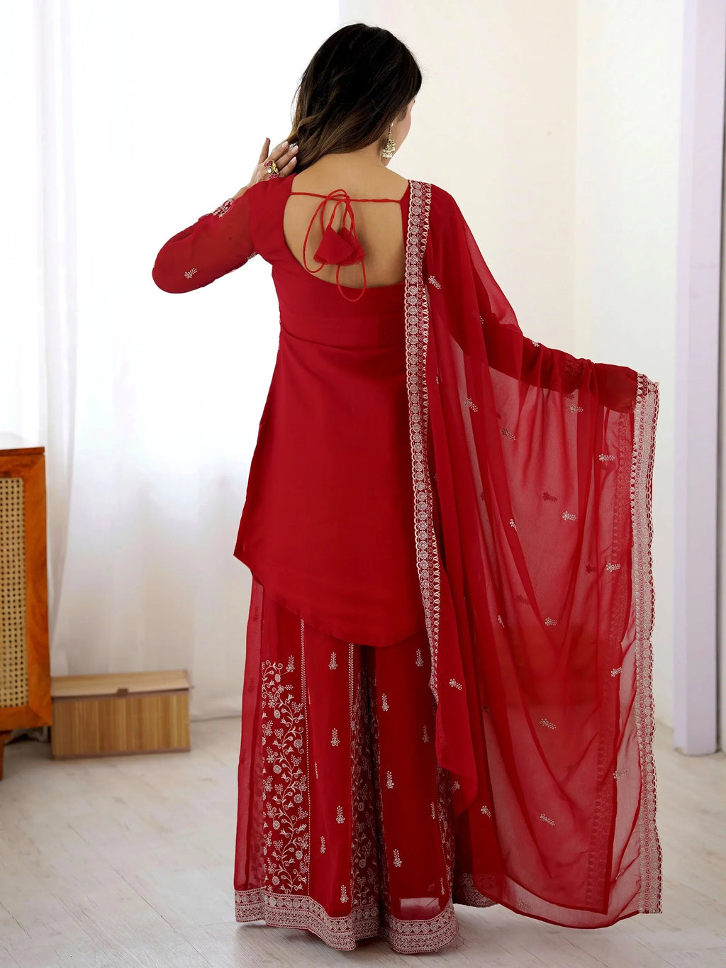 Red Glamorous Embroidered Georgette Festive Wear Palazzo Suit