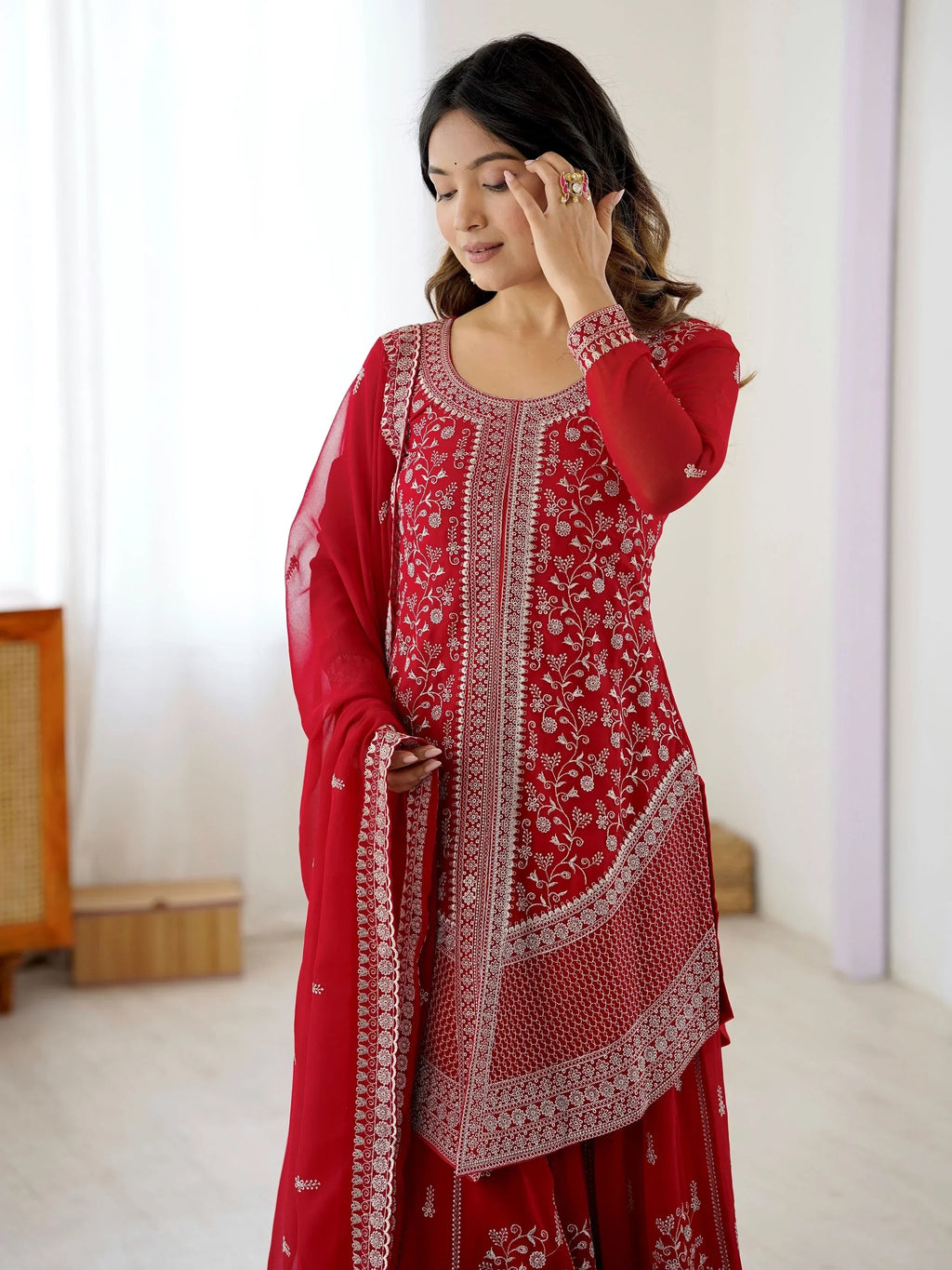 Red Glamorous Embroidered Georgette Festive Wear Palazzo Suit