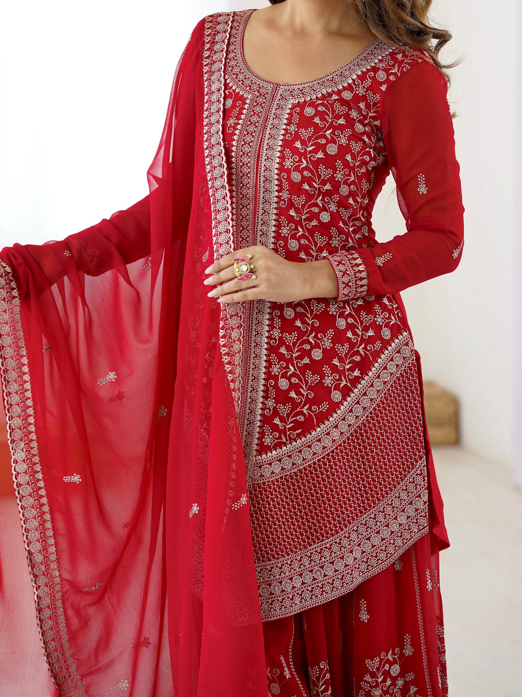 Red Glamorous Embroidered Georgette Festive Wear Palazzo Suit
