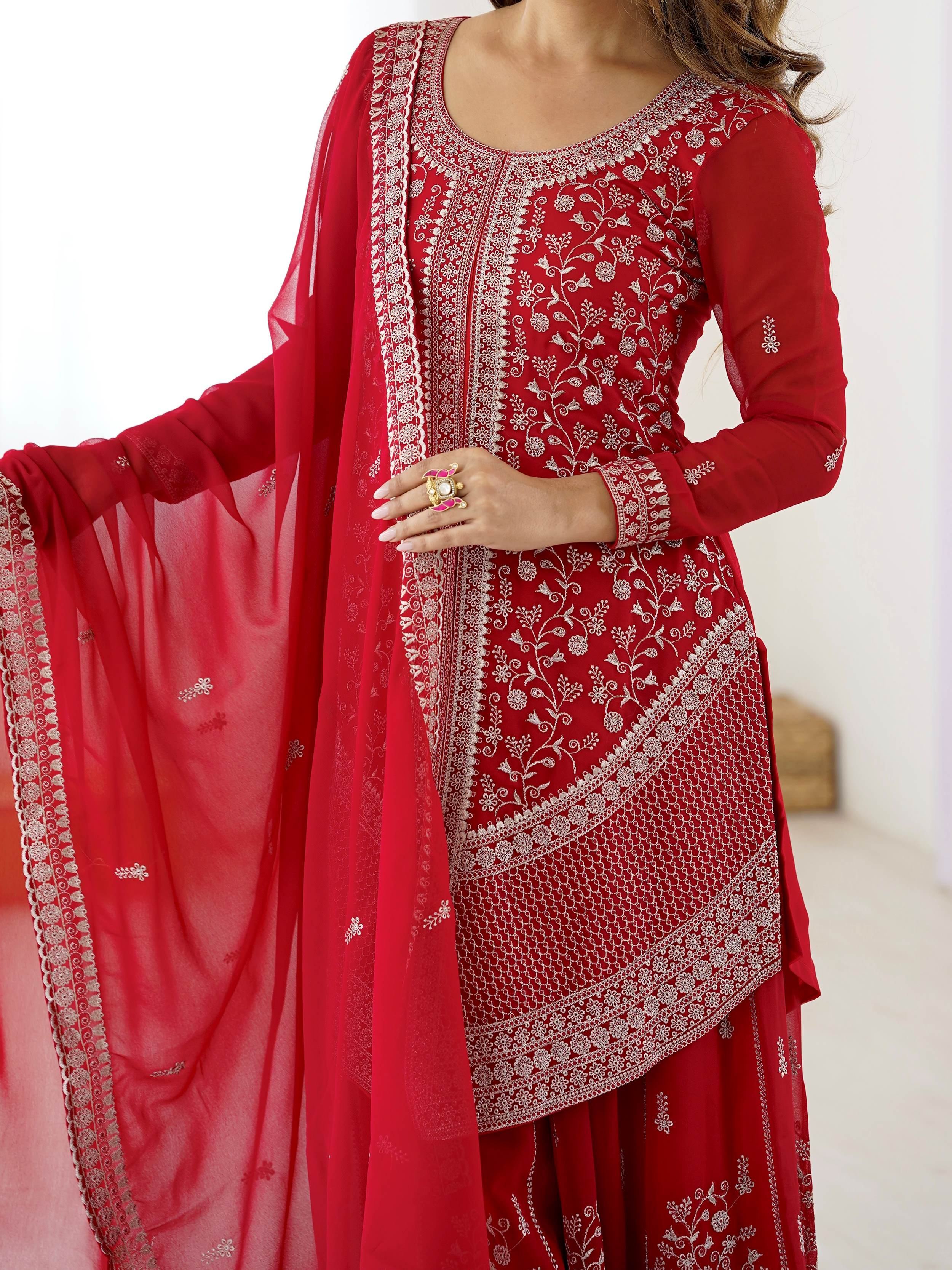 Red Glamorous Embroidered Georgette Festive Wear Palazzo Suit