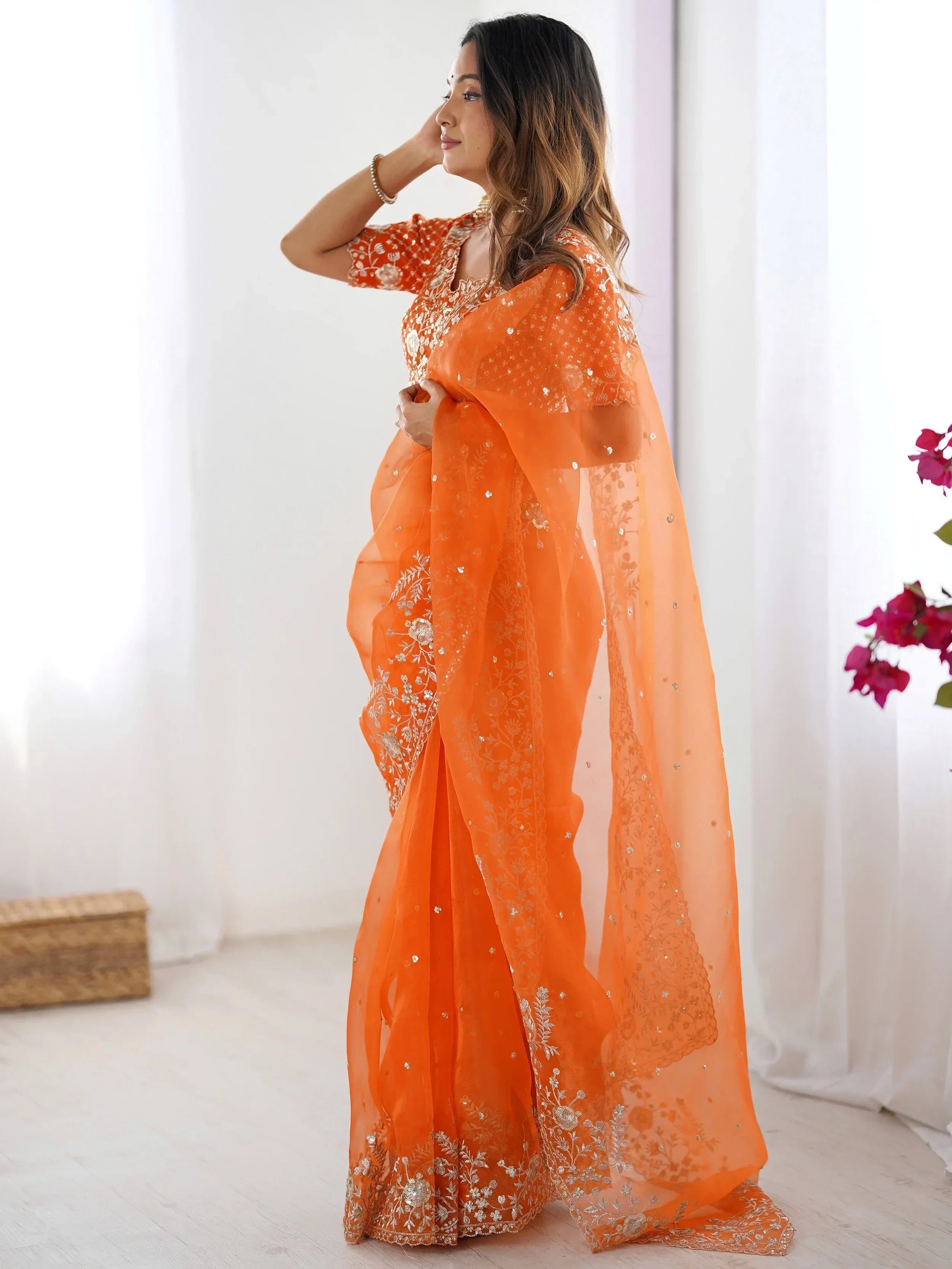 Orange Beautiful Embroidered Organza Festive Wear Saree With Blouse