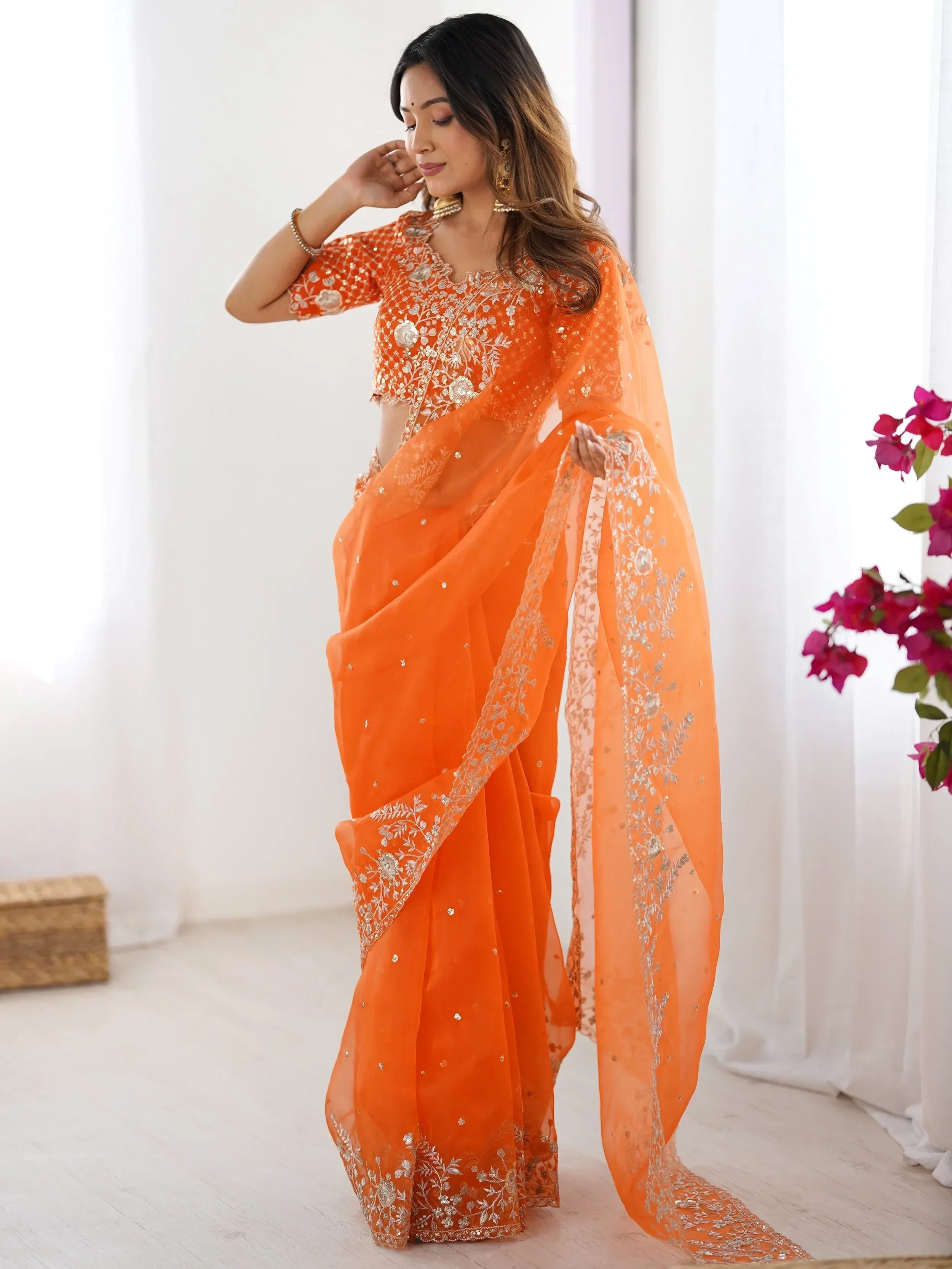 Orange Beautiful Embroidered Organza Festive Wear Saree With Blouse