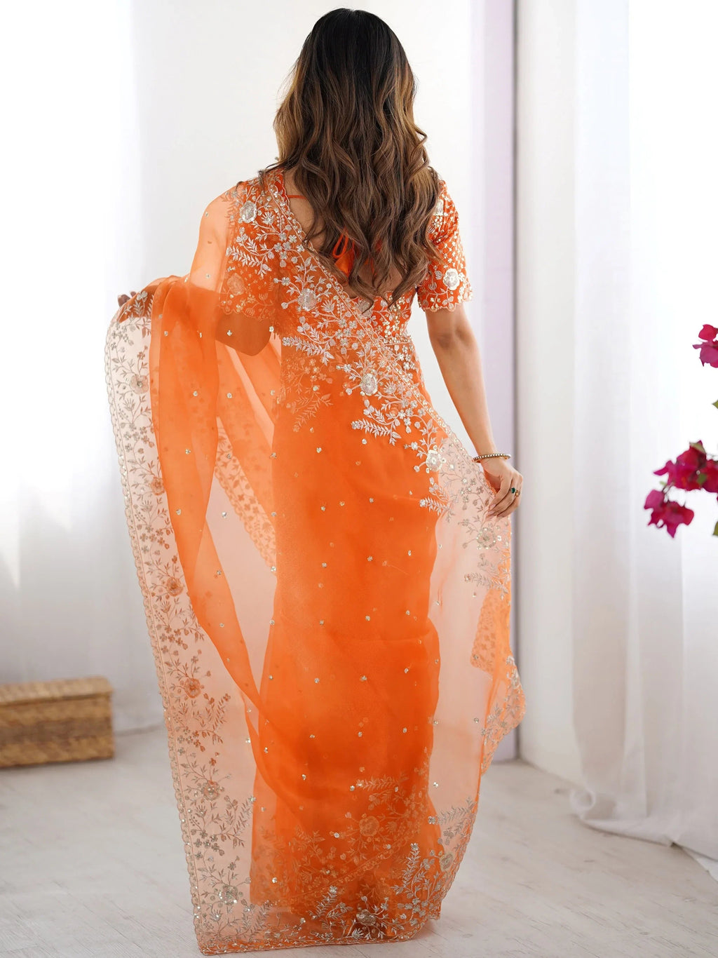 Orange Beautiful Embroidered Organza Festive Wear Saree With Blouse