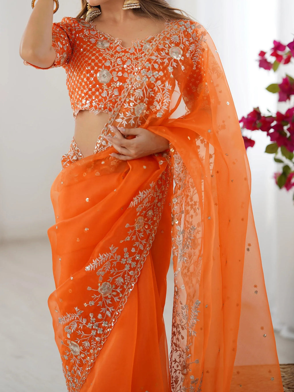Orange Beautiful Embroidered Organza Festive Wear Saree With Blouse