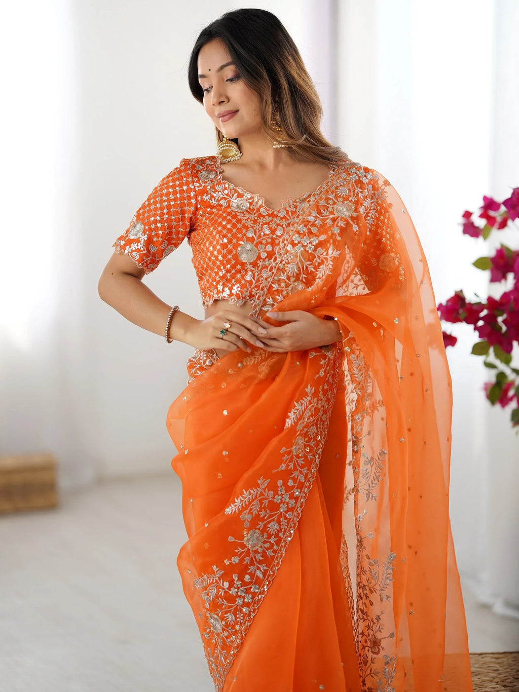 Orange Beautiful Embroidered Organza Festive Wear Saree With Blouse