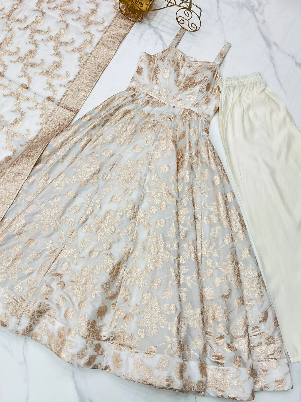 Magnificent Off-White Zari Weaving Silk Festival Wear Anarakali Suit