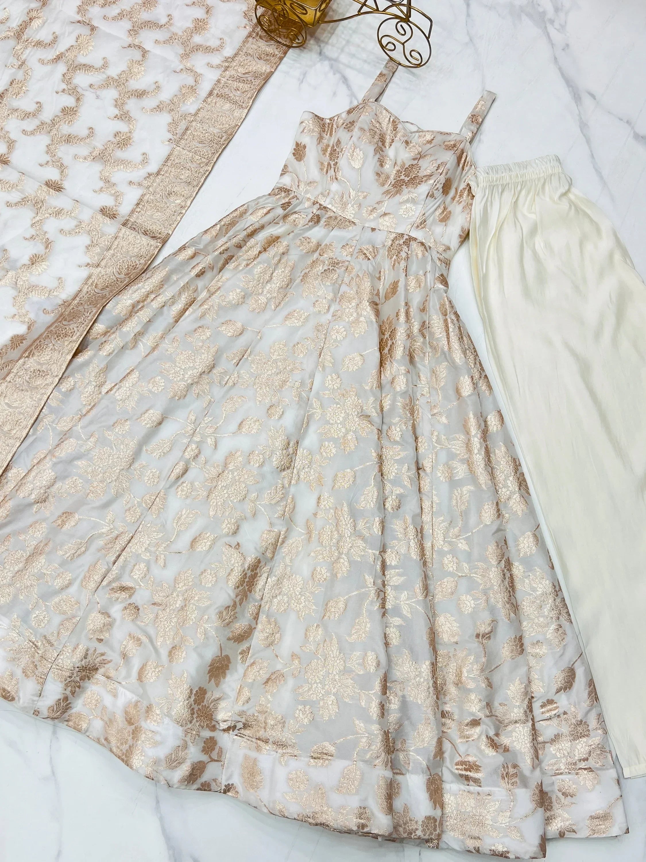Magnificent Off-White Zari Weaving Silk Festival Wear Anarakali Suit