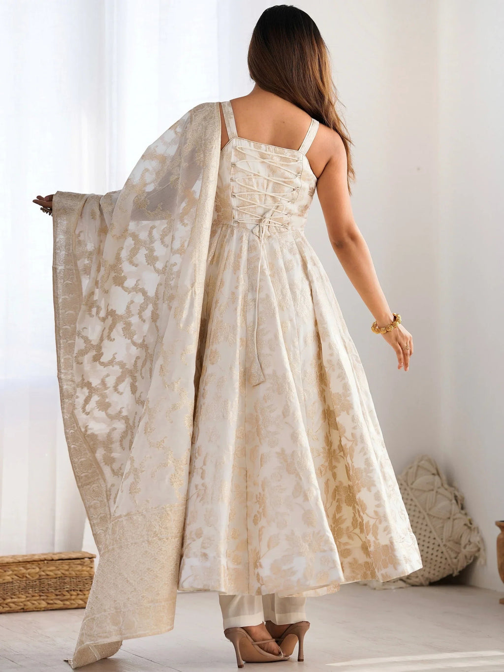 Magnificent Off-White Zari Weaving Silk Festival Wear Anarakali Suit